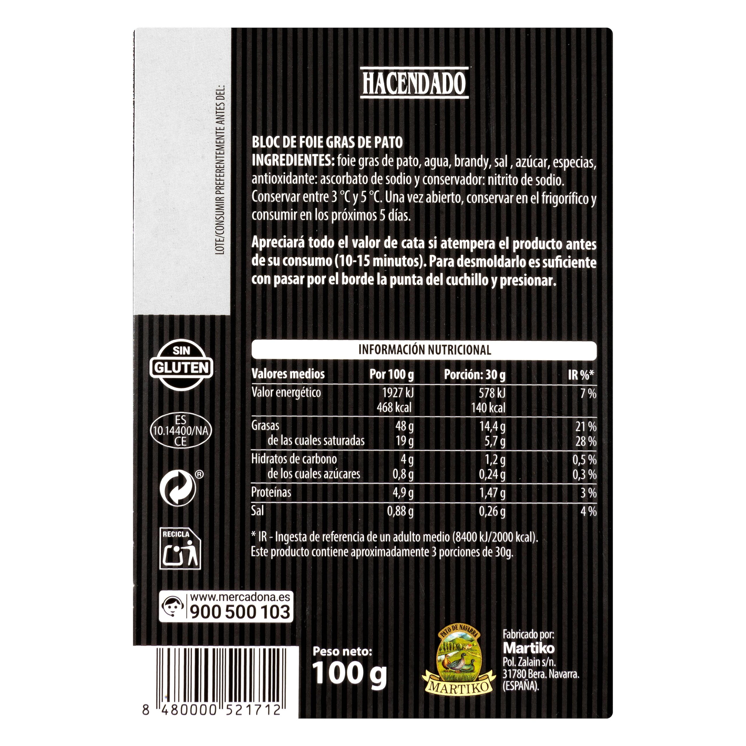 Etiqueta Bloc foie gras de pato Hacendado