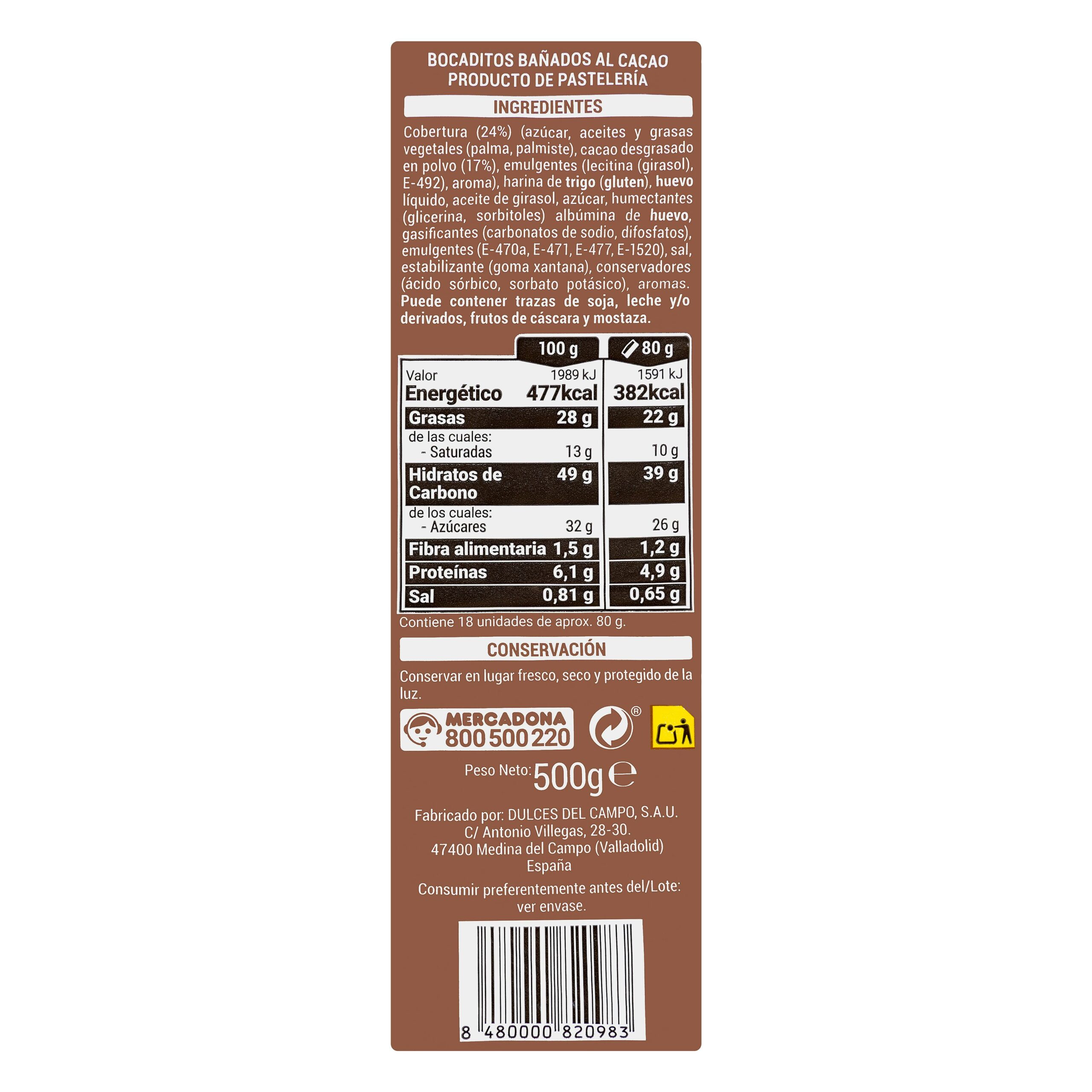 Etiqueta Bocaditos bañados al cacao Hacendado