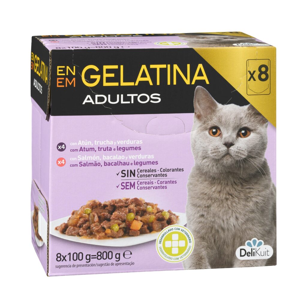 Bocaditos en gelatina gato adulto Delikuit contiene 4 con atún
