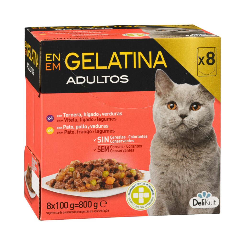 Bocaditos en gelatina gato adulto Delikuit contiene 4 con ternera