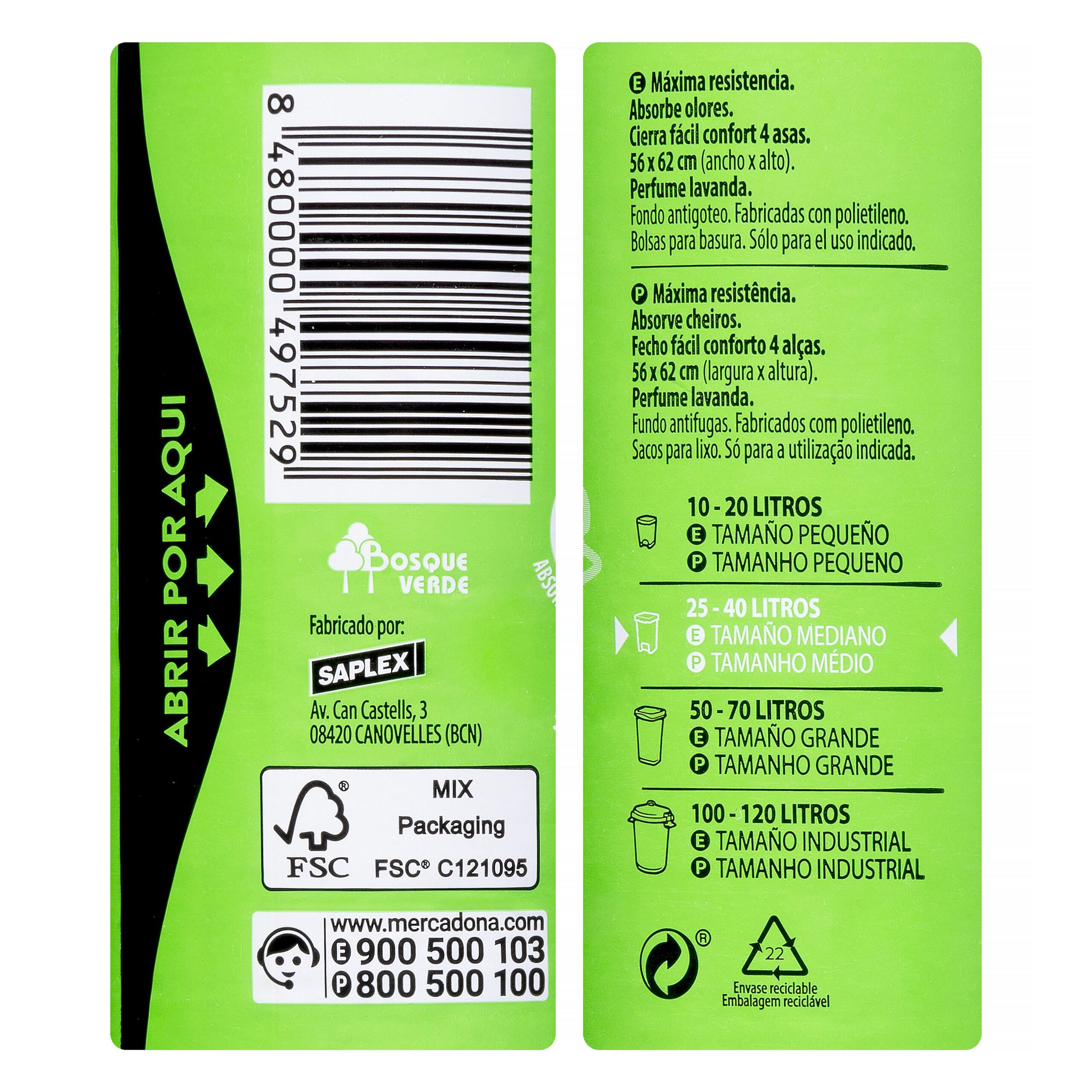 Etiqueta Bolsa de basura extra Bosque Verde 30L cubo mediano absorbe olores perfume lavanda