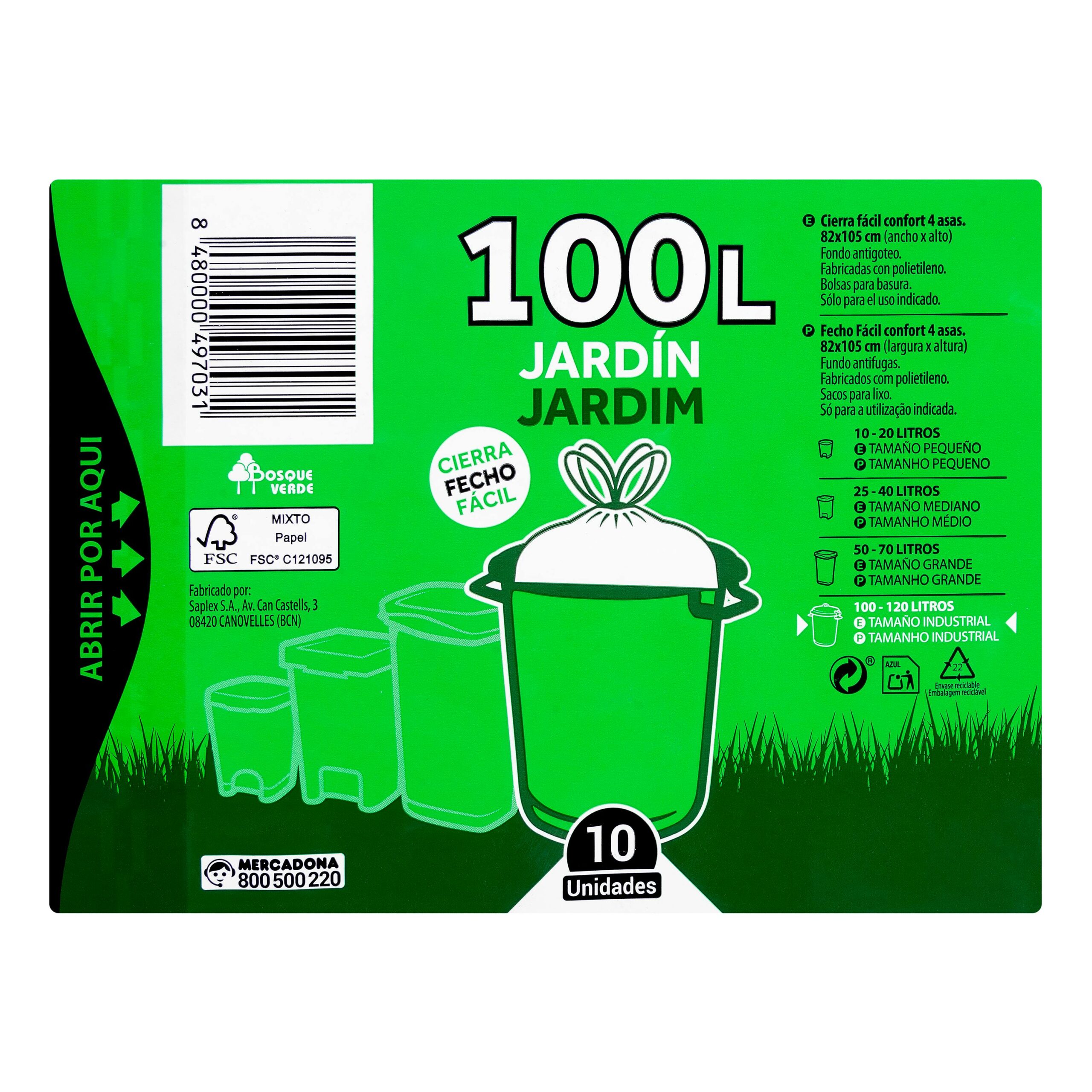 Etiqueta Bolsa de basura jardín Bosque Verde 100L cubo industrial