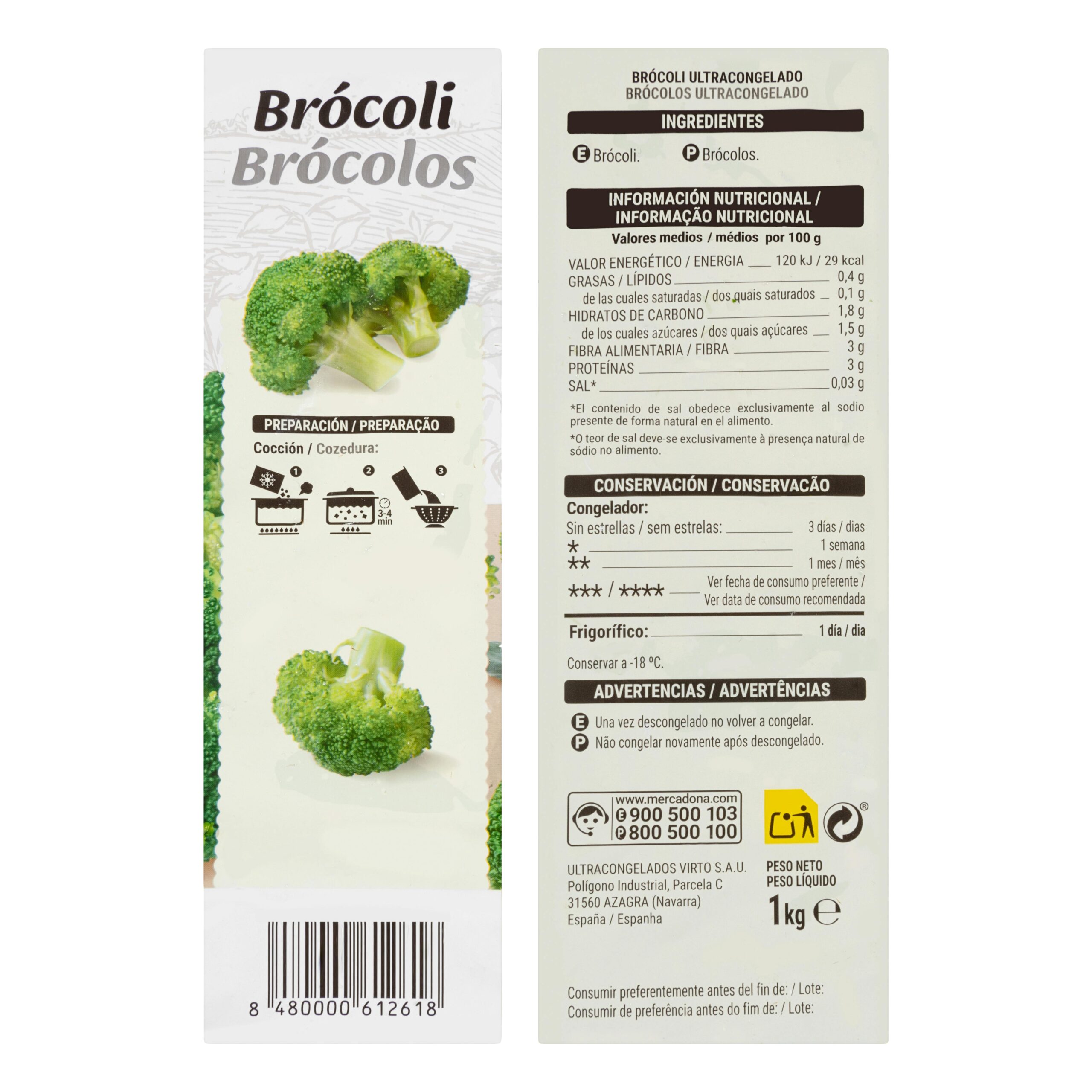 Etiqueta Brócoli Hacendado ultracongelado