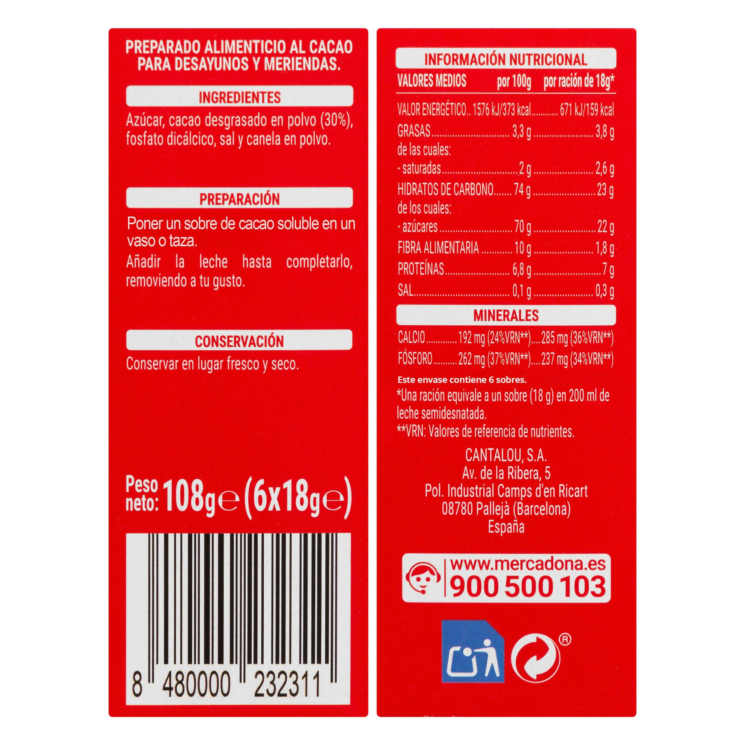 Etiqueta Cacao soluble en sobres Hacendado