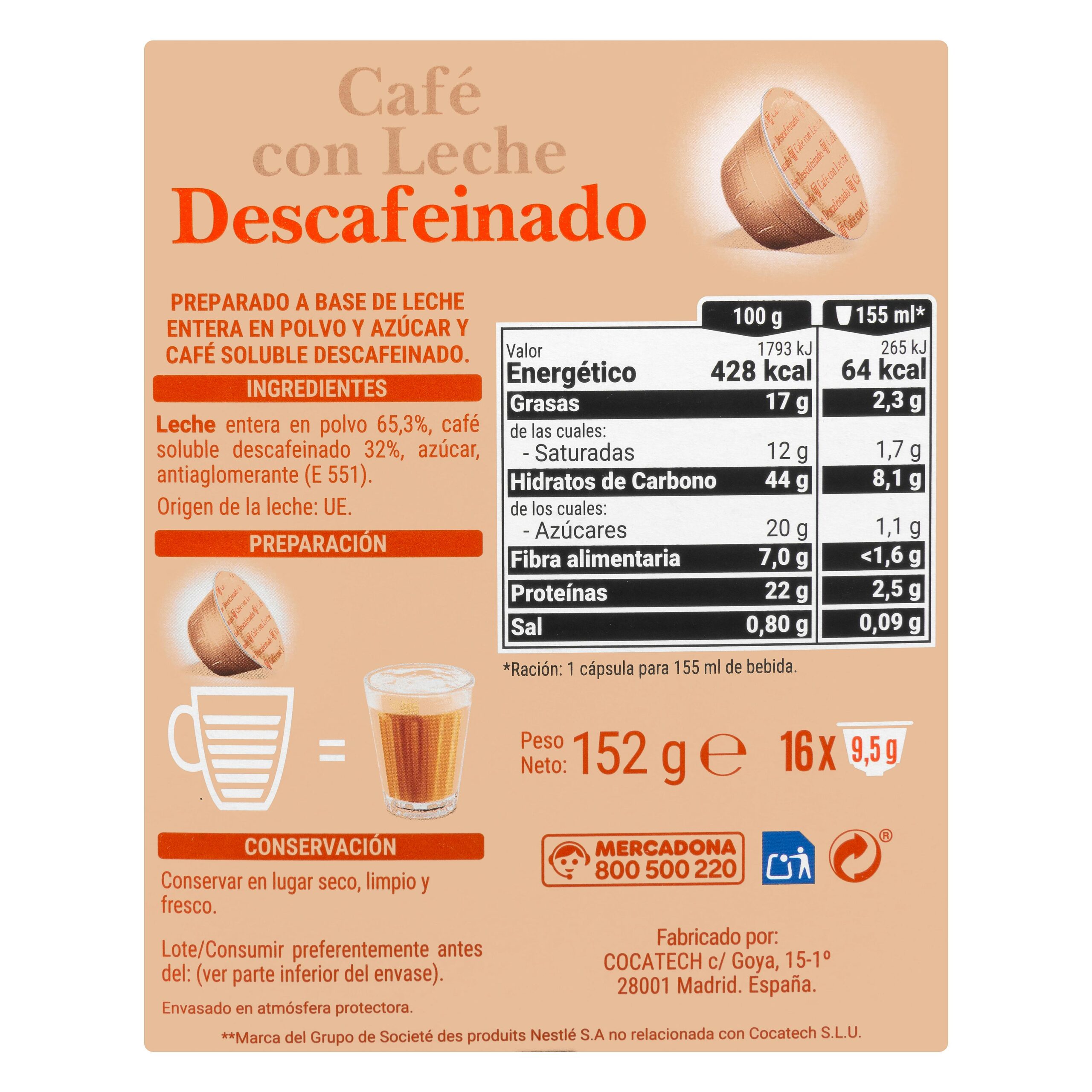 Etiqueta Café con leche en cápsula descafeinado Hacendado compatibles máquinas Dolce gusto