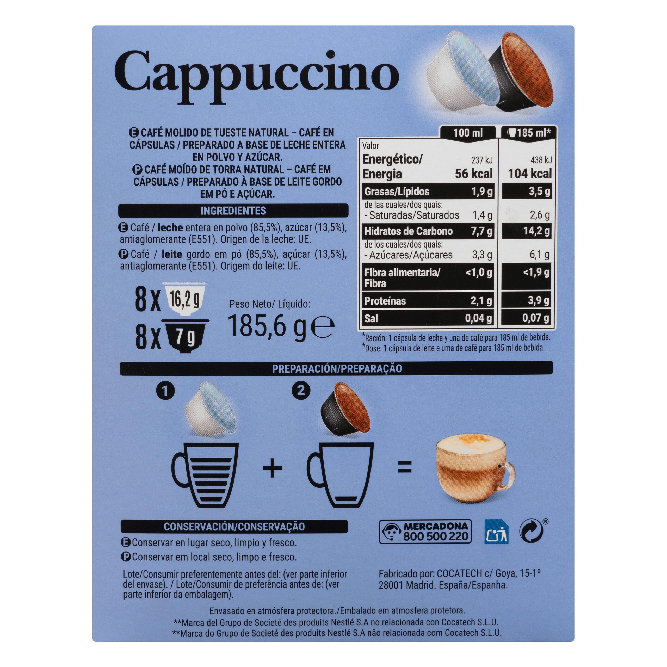 Etiqueta Café en cápsula cappuccino Hacendado compatibles máquinas Dolce gusto