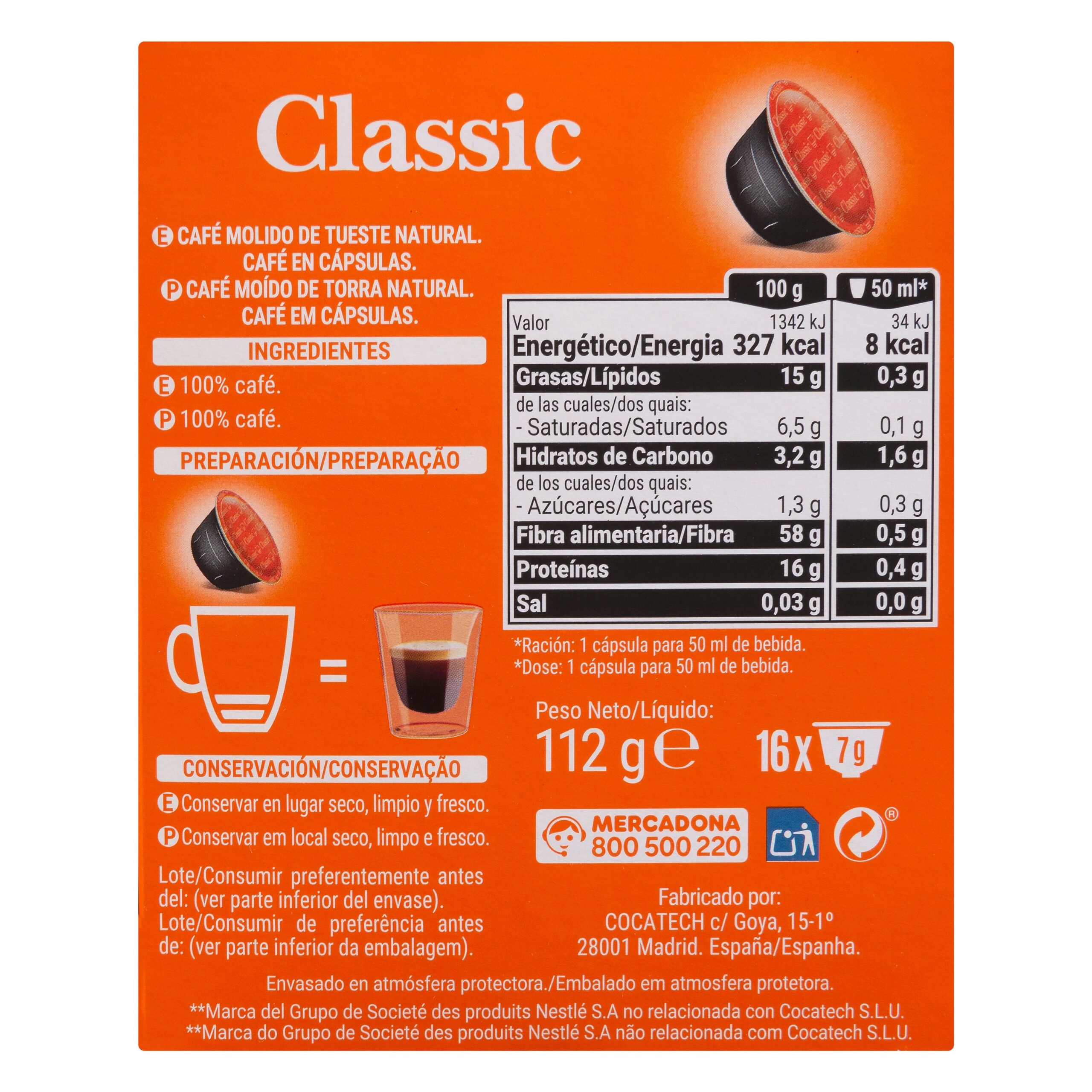 Etiqueta Café en cápsula classic Hacendado compatibles máquinas Dolce gusto