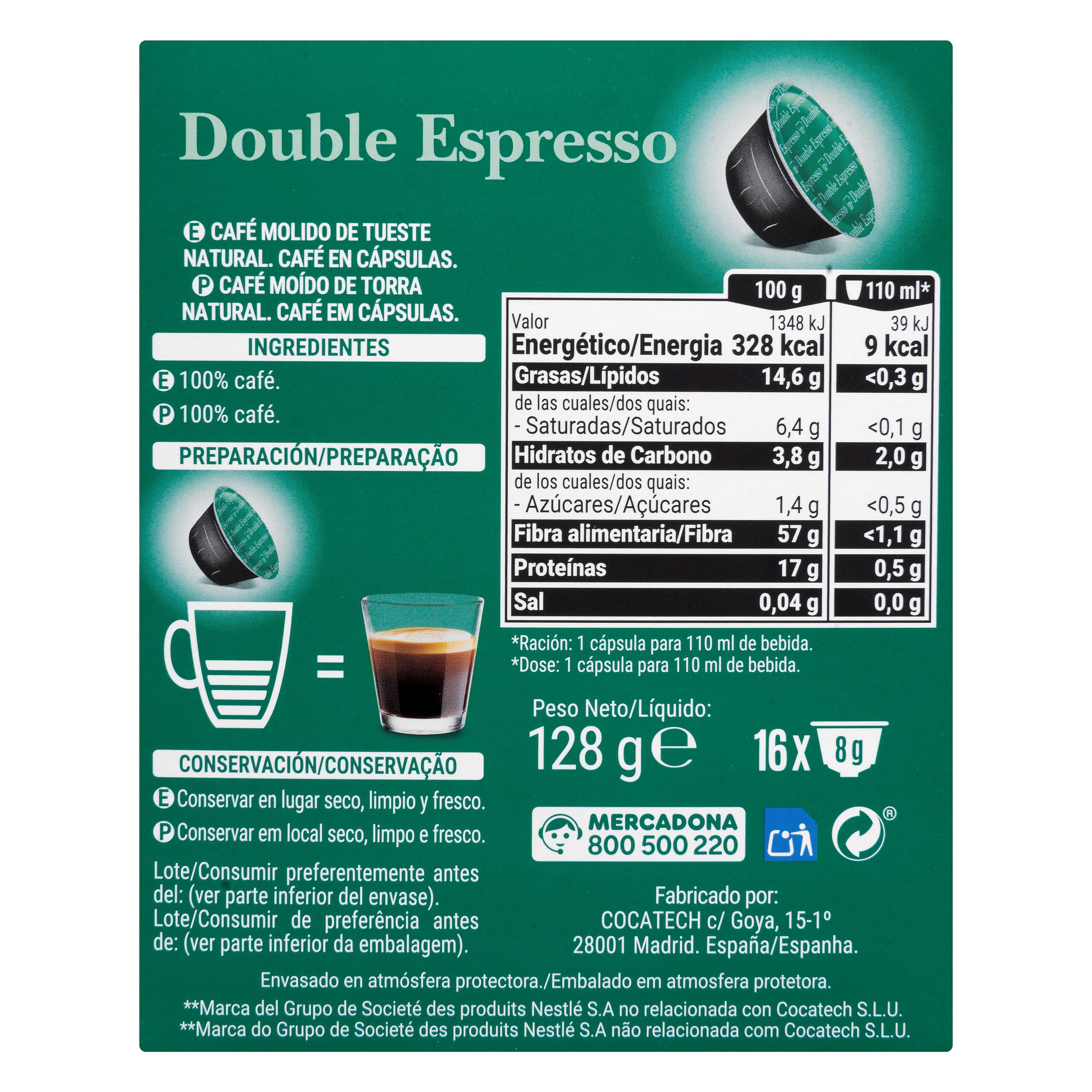 Etiqueta Café en cápsula doble espresso Hacendado compatibles máquinas Dolce gusto