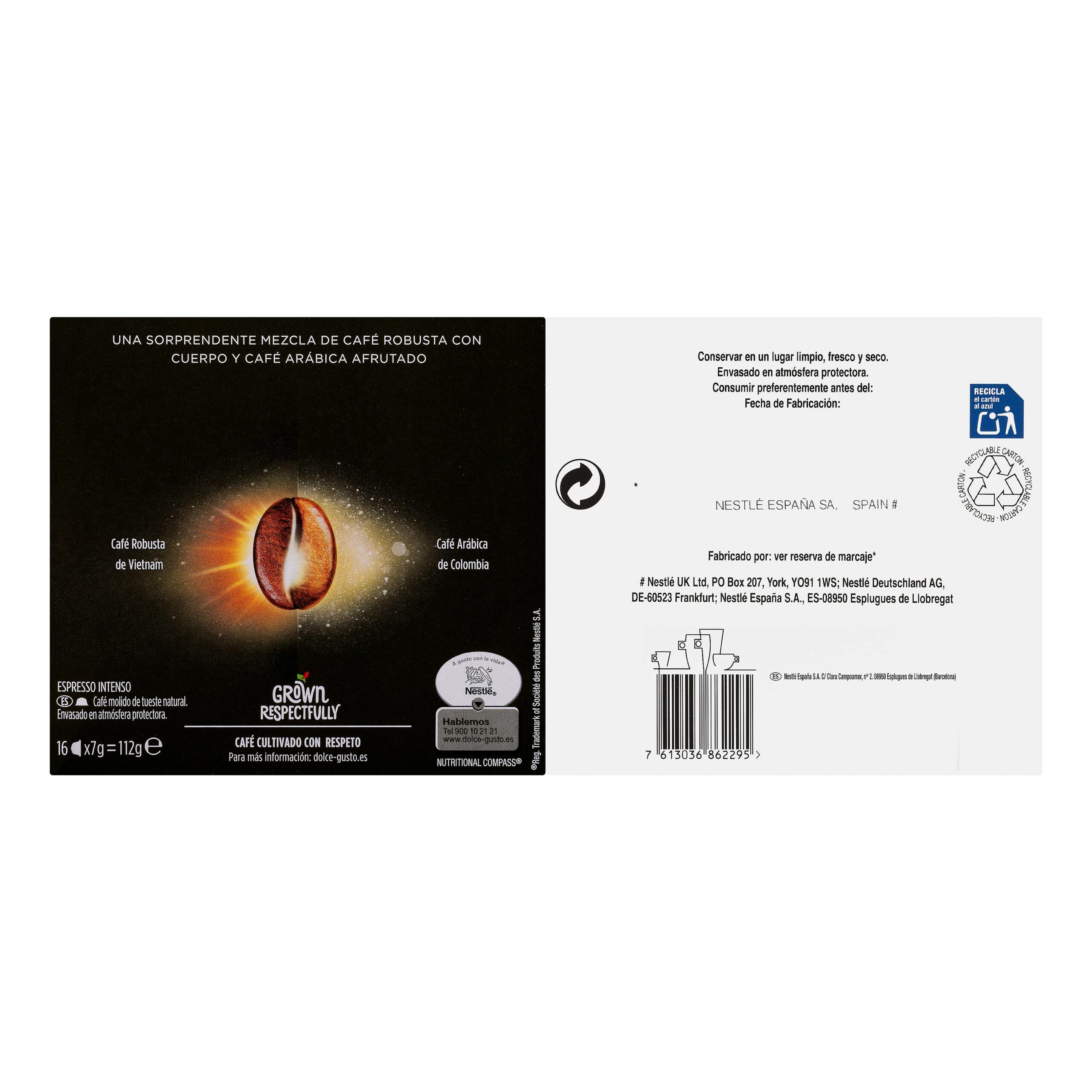 Etiqueta Café en cápsula espresso intenso Dolce Gusto