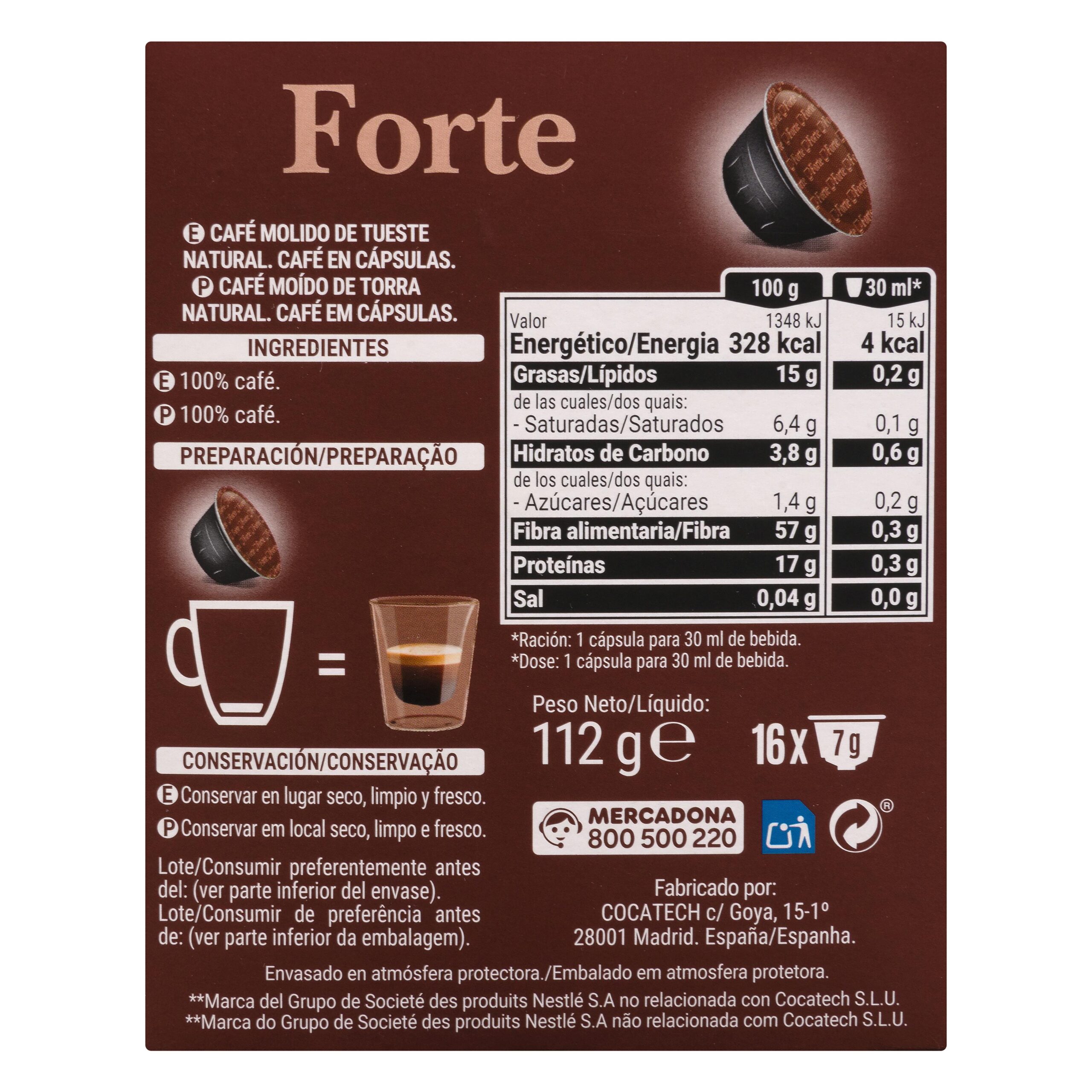 Etiqueta Café en cápsula forte Hacendado compatibles máquinas Dolce gusto