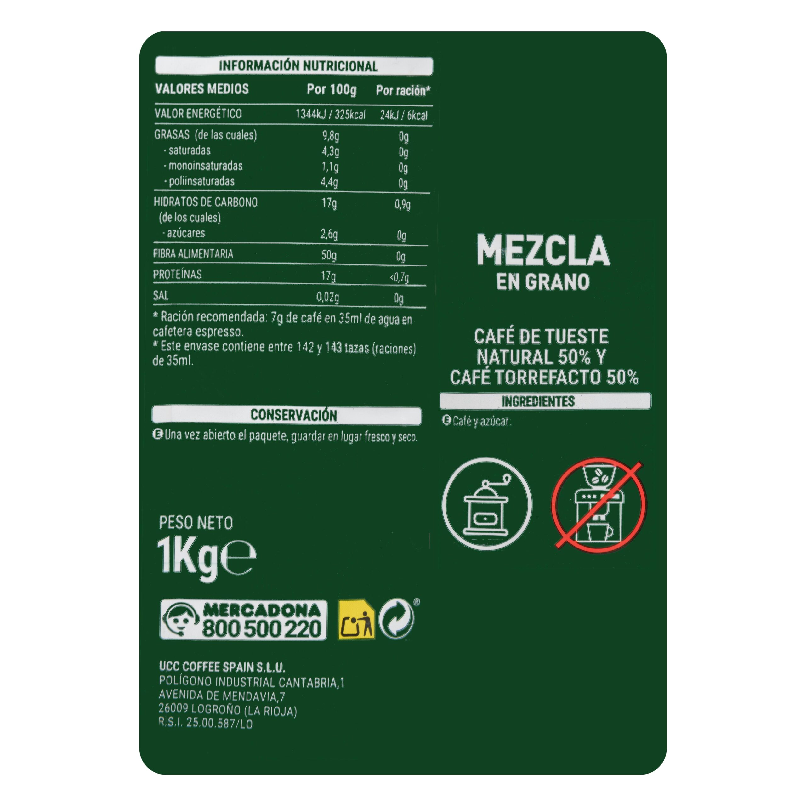 Etiqueta Café en grano mezcla fuerte Hacendado