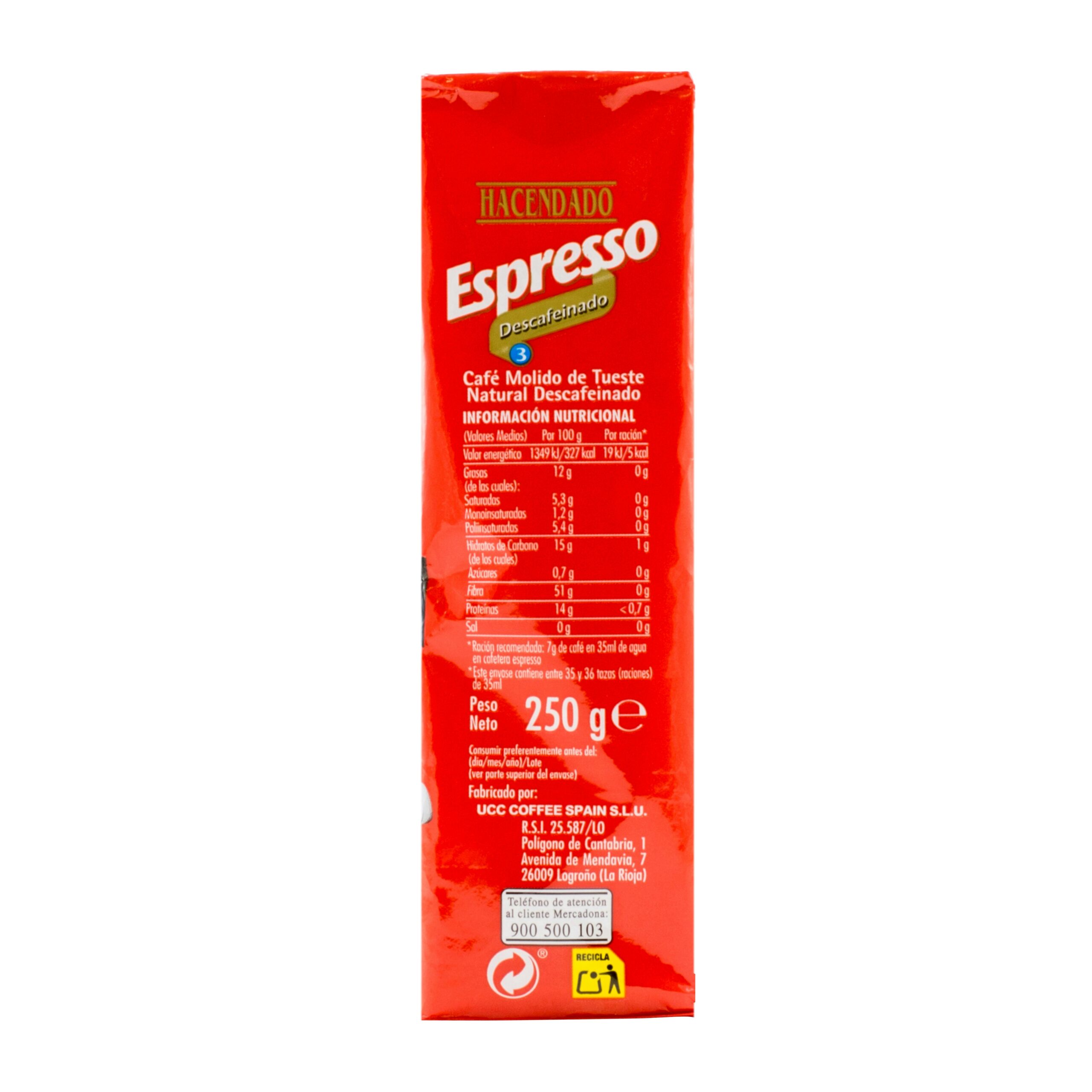 Etiqueta Café molido descafeinado Hacendado Espresso
