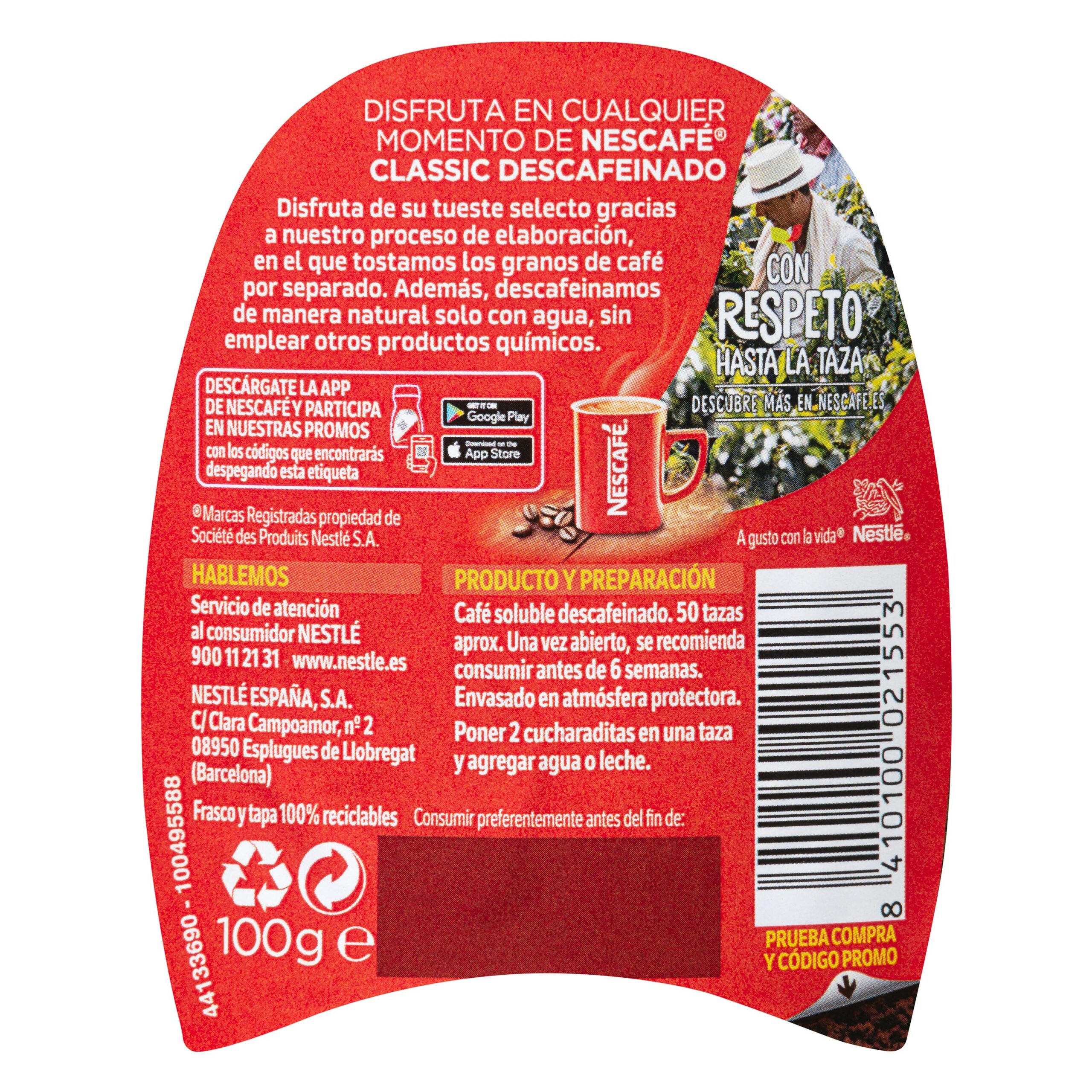 Etiqueta Café soluble descafeinado Nescafé classic