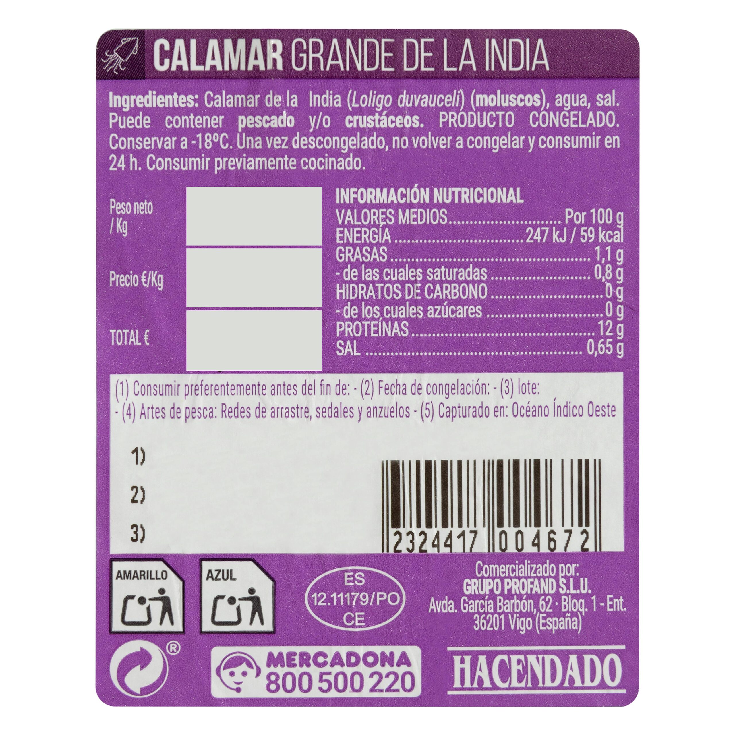 Etiqueta Calamar grande Hacendado congelado