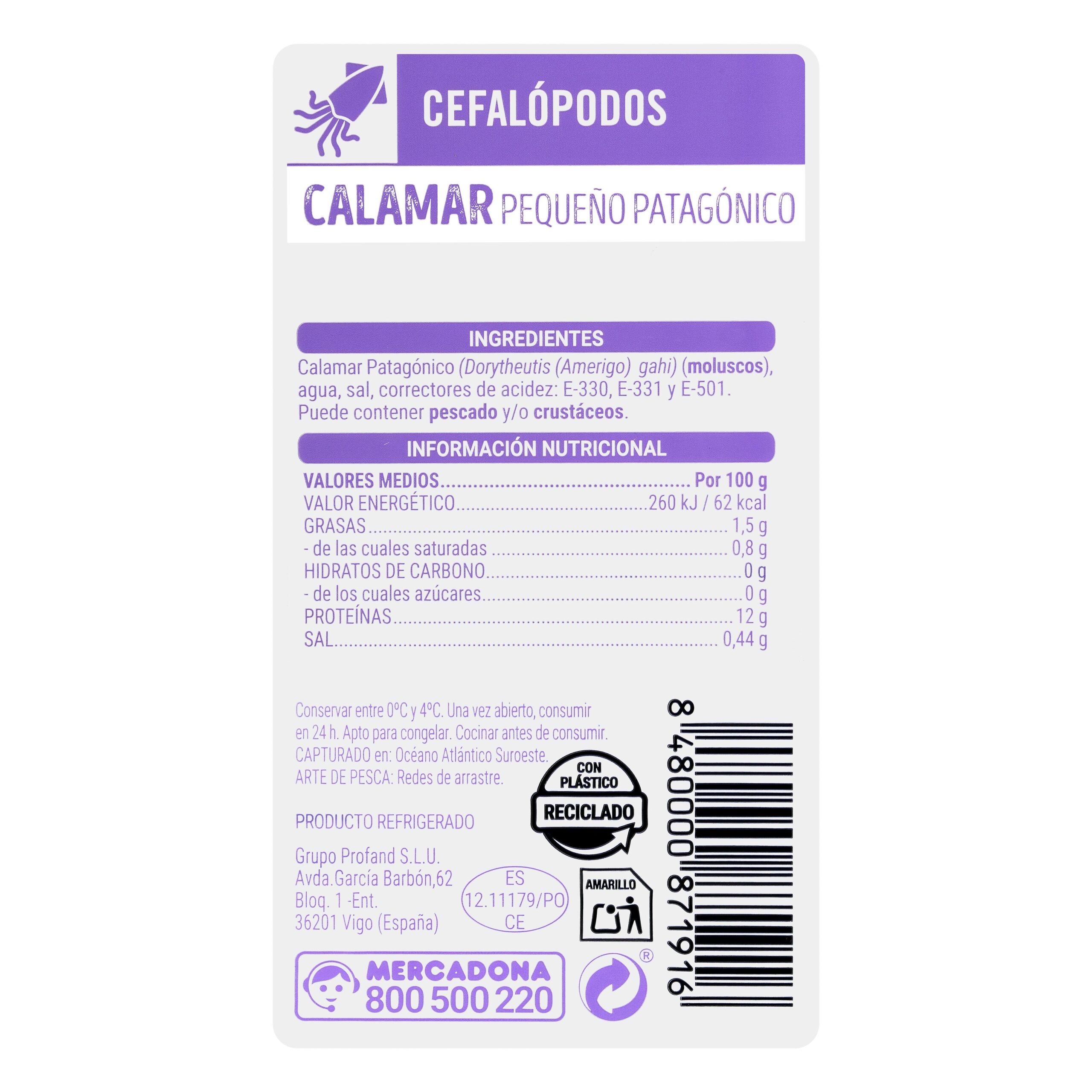 Etiqueta Calamar pequeño limpio patagónico