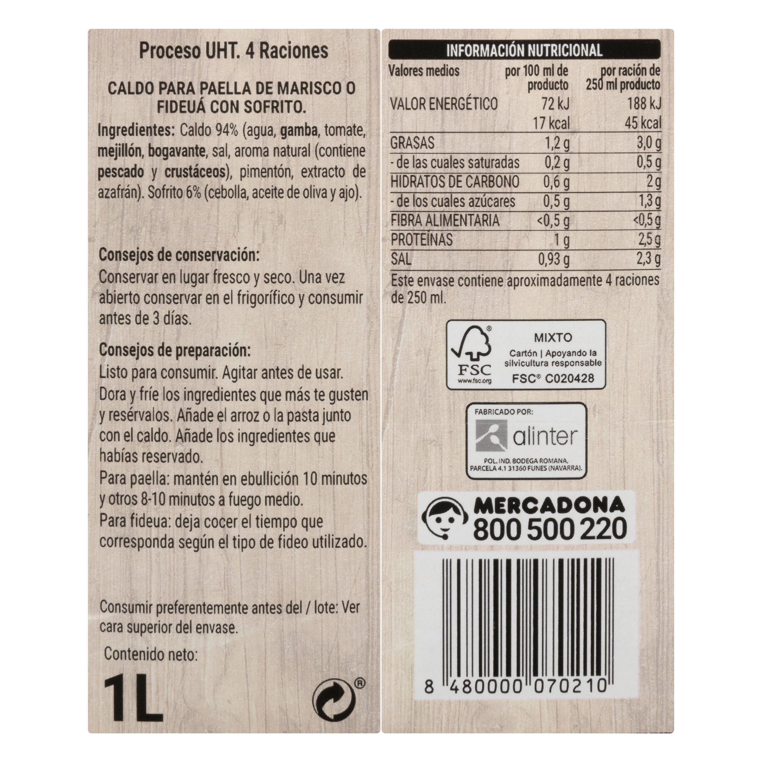 Etiqueta Caldo de marisco o fideuá para paella Hacendado con sofrito