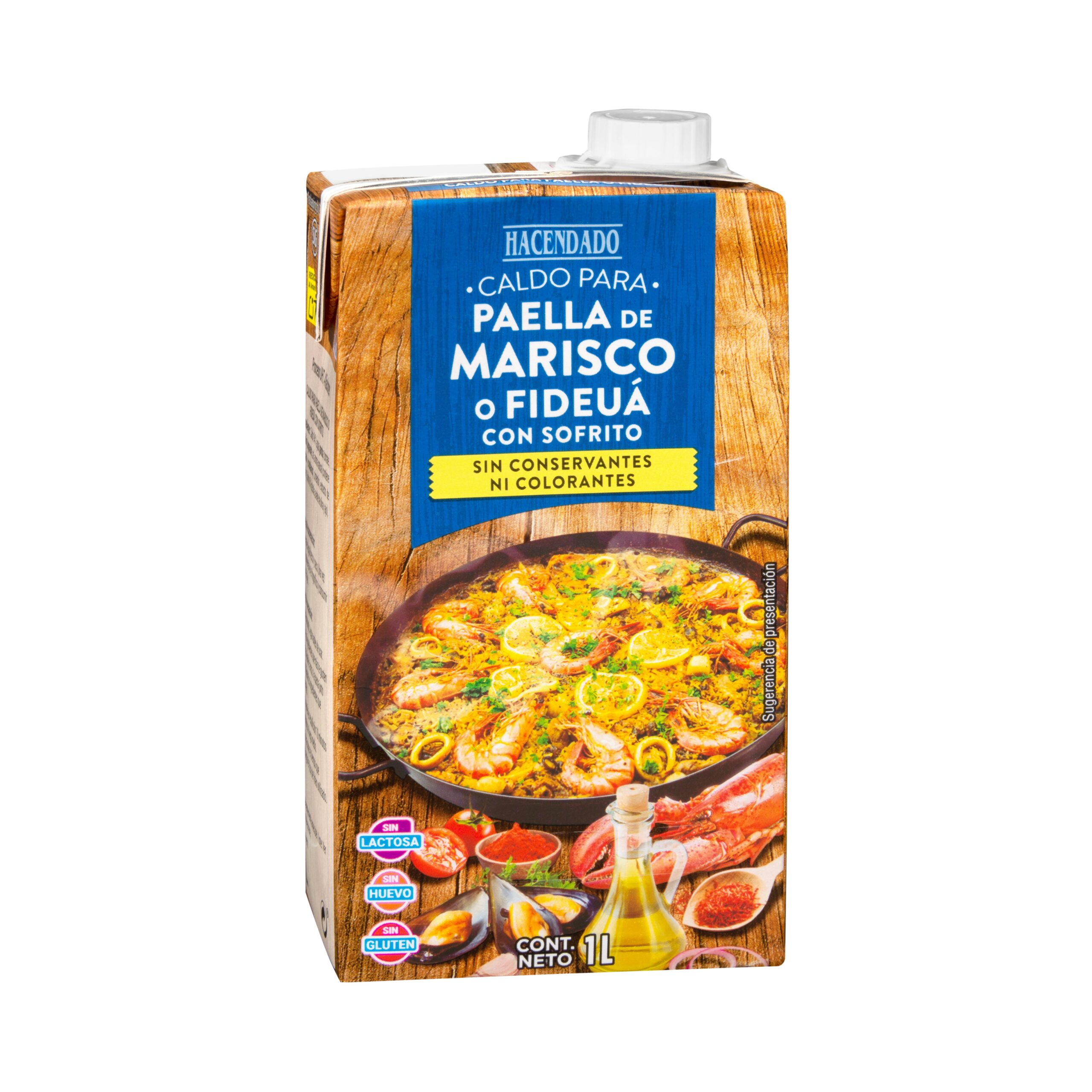 Caldo de marisco o fideuá para paella Hacendado con sofrito Mercadona
