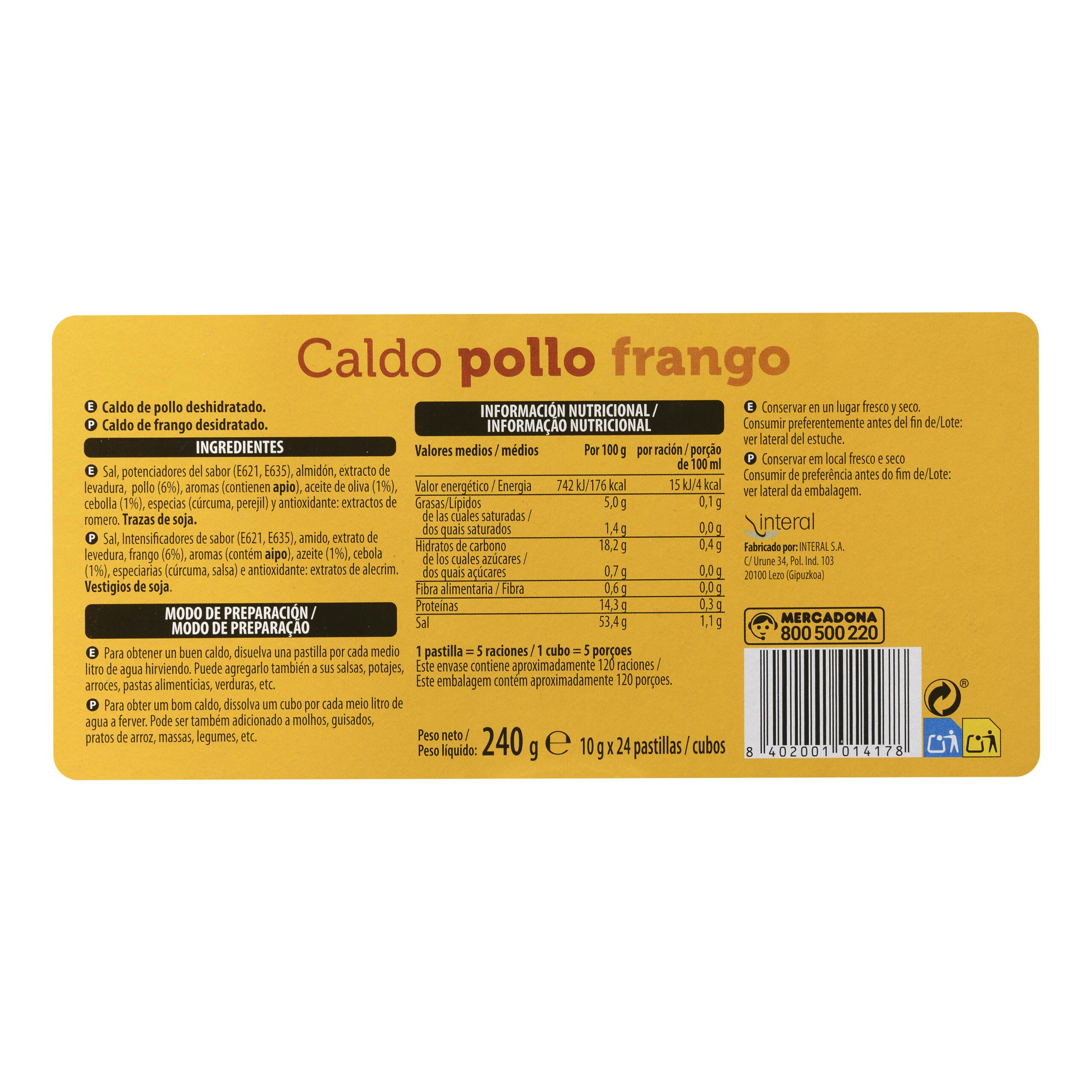 Etiqueta Caldo de pollo Hacendado en pastillas