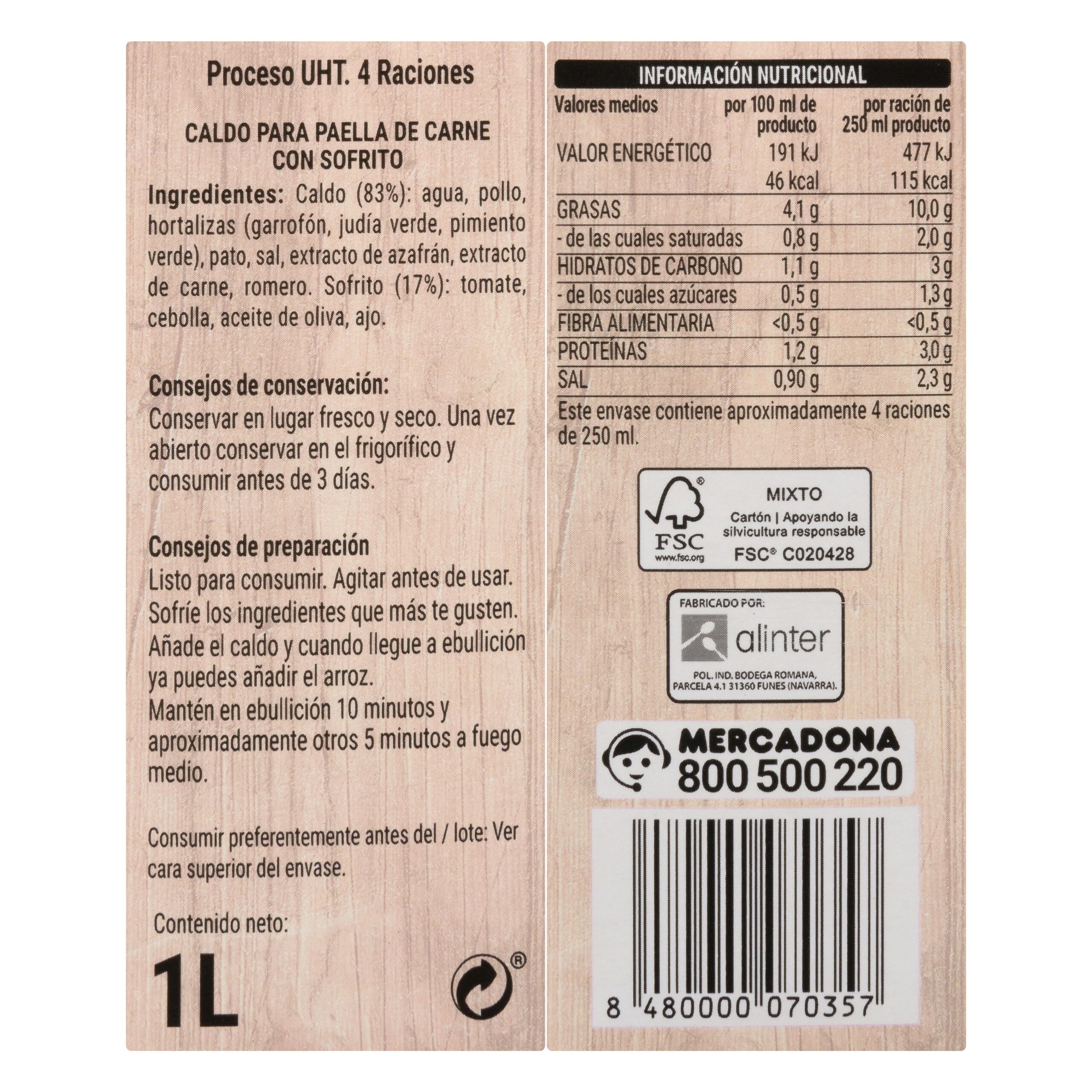 Etiqueta Caldo para paella de carne Hacendado con sofrito