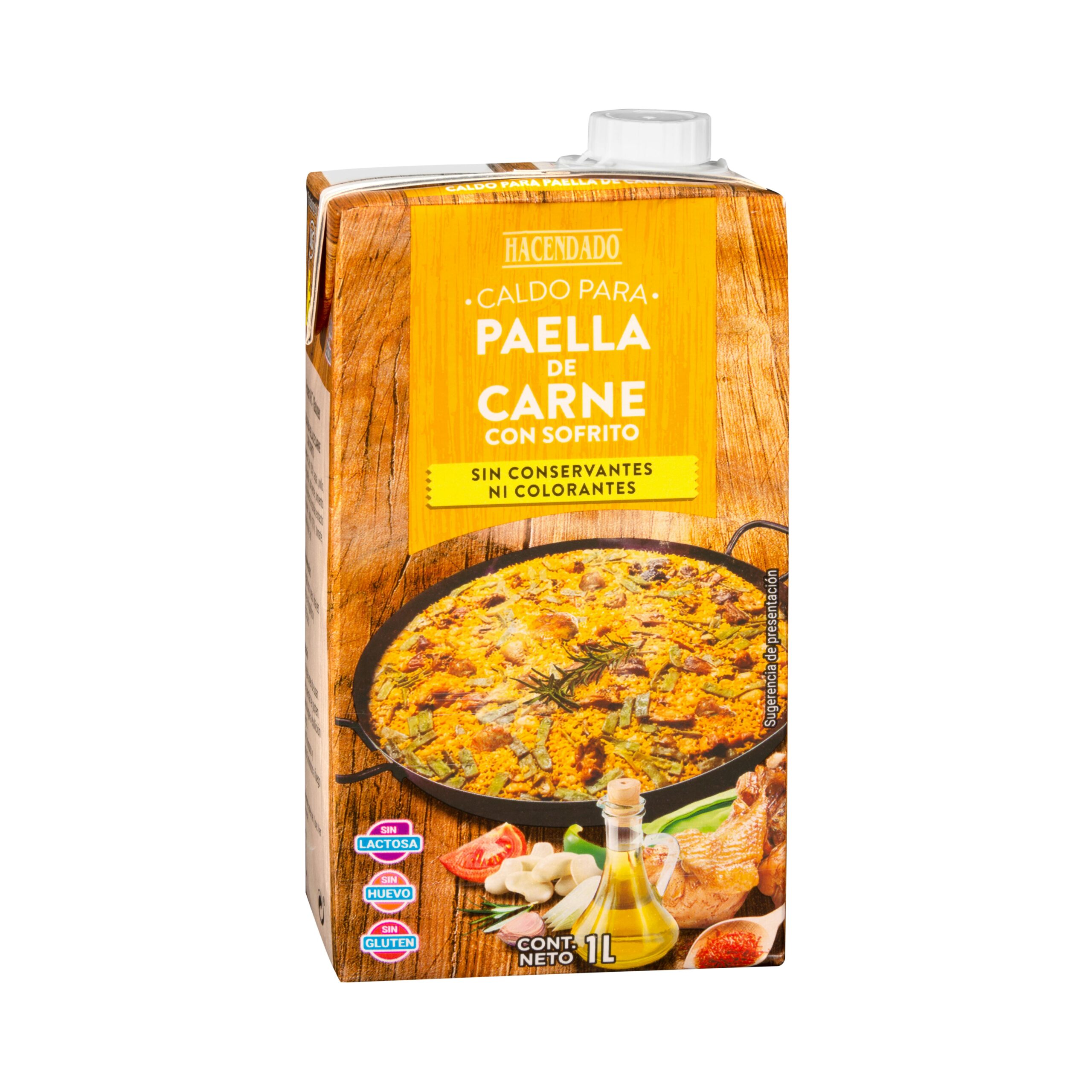 Caldo para paella de carne Hacendado con sofrito Mercadona
