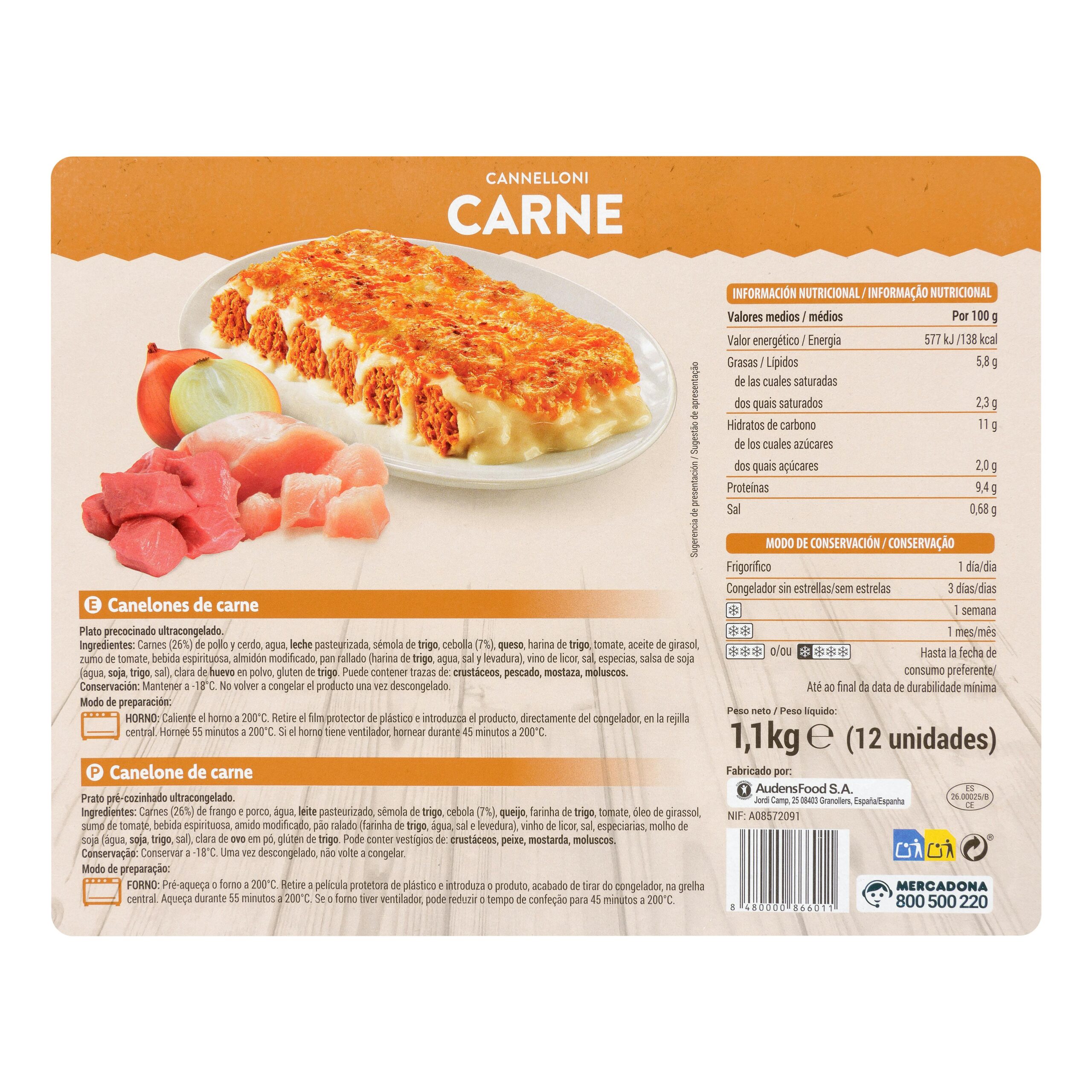 Etiqueta Canelones de carne Hacendado ultracongelados