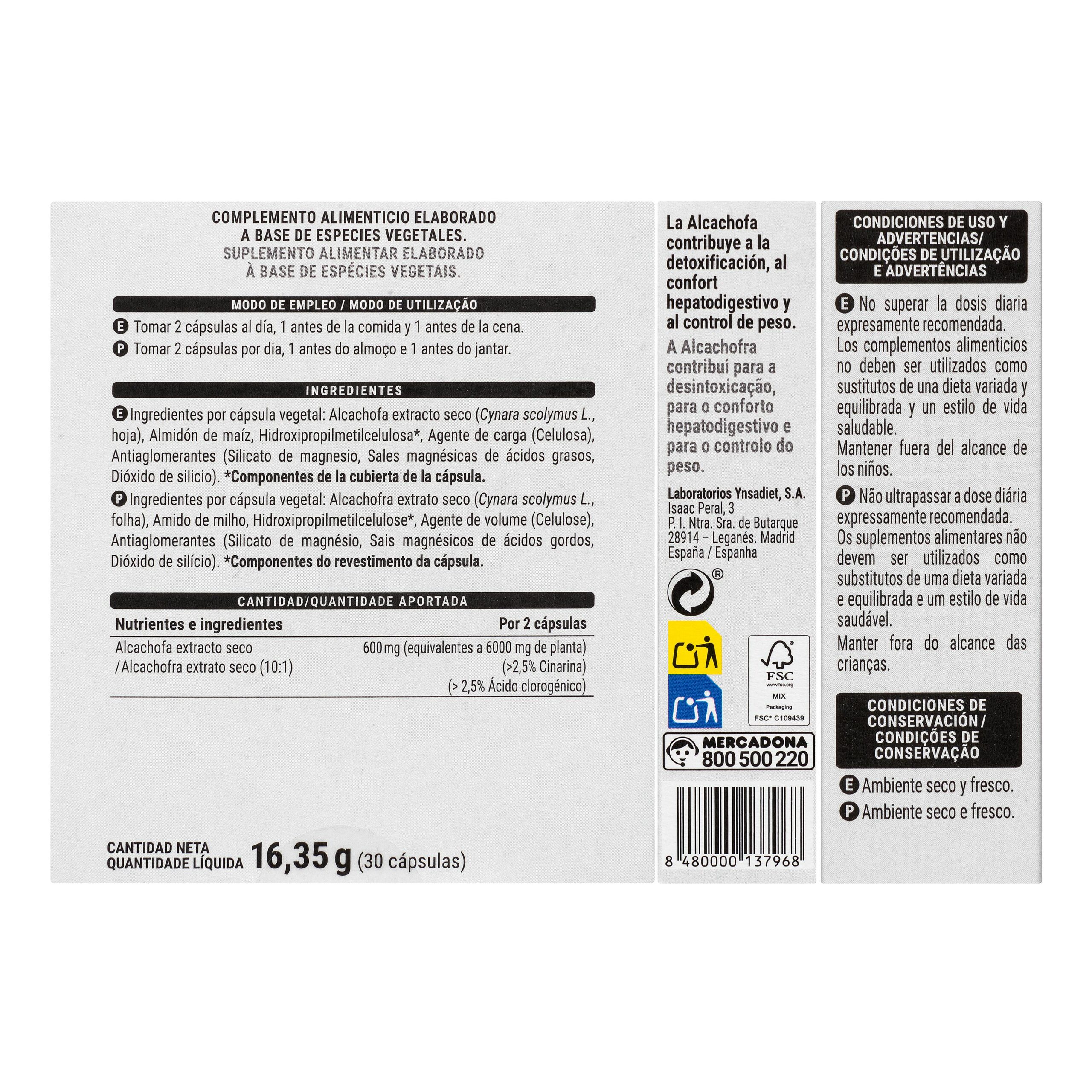 Etiqueta Cápsulas Alcachofa Deliplus elaborado a base de especies vegetales