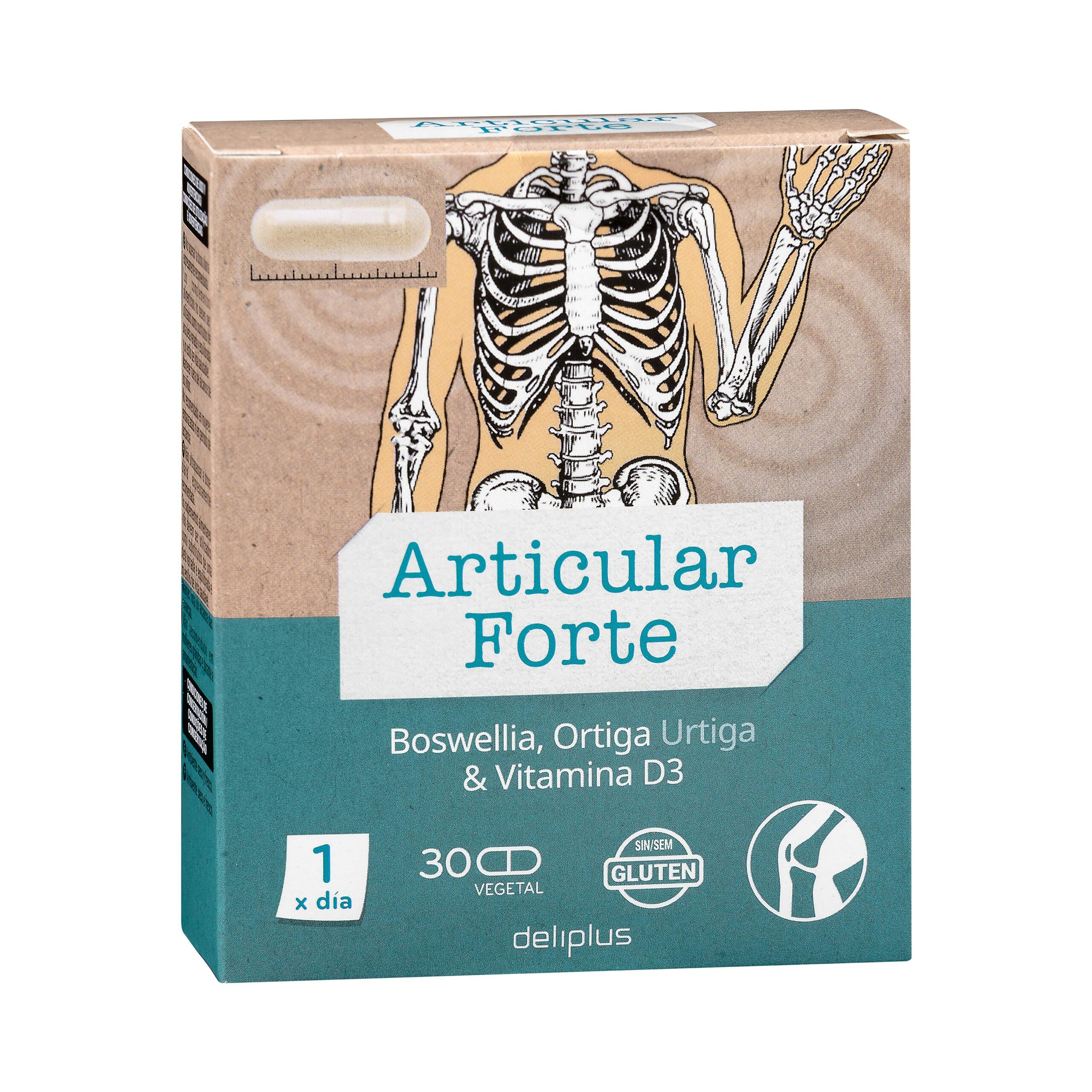 Cápsulas Articular Forte Deliplus contiene boswellia, ortiga y vitamina D3 elaborado a base de especies vegetales, ácido hialurónico y vitaminas Mercadona