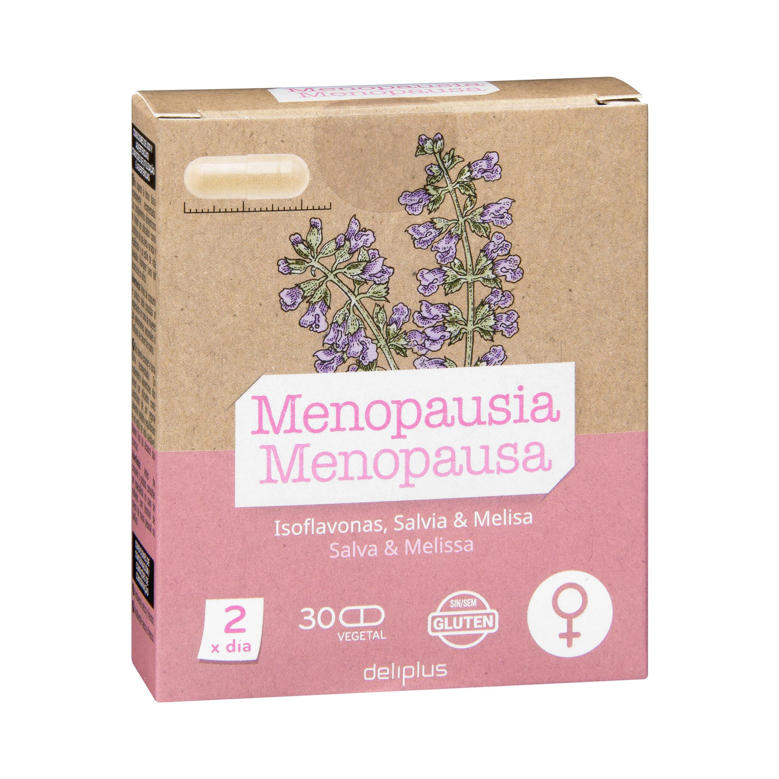 Cápsulas Menopausia Deliplus con isoflavonas, salvia y melisa elaborado a base de especies vegetales, vitaminas y minerales Mercadona