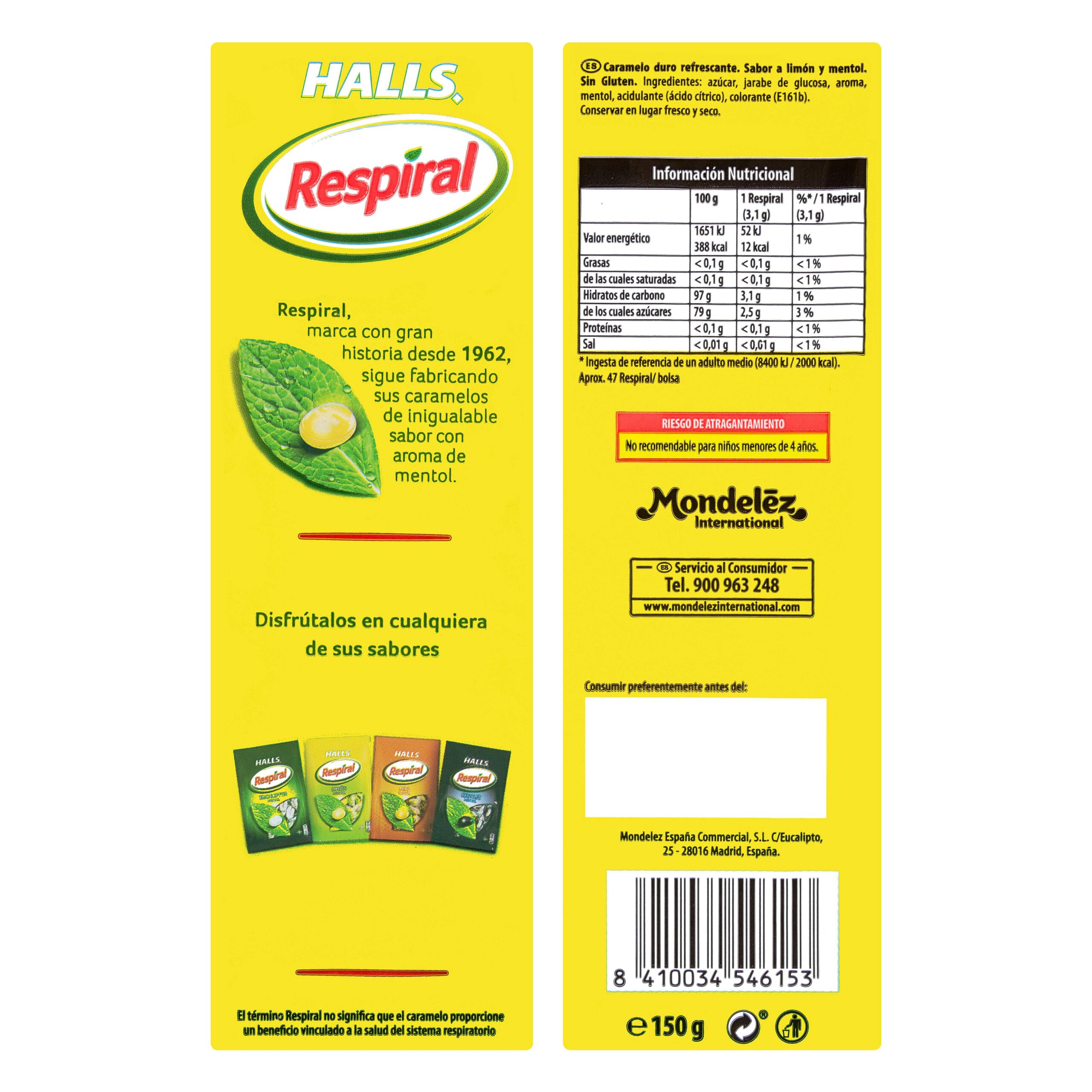 Etiqueta Caramelos limón mentol Respiral Halls