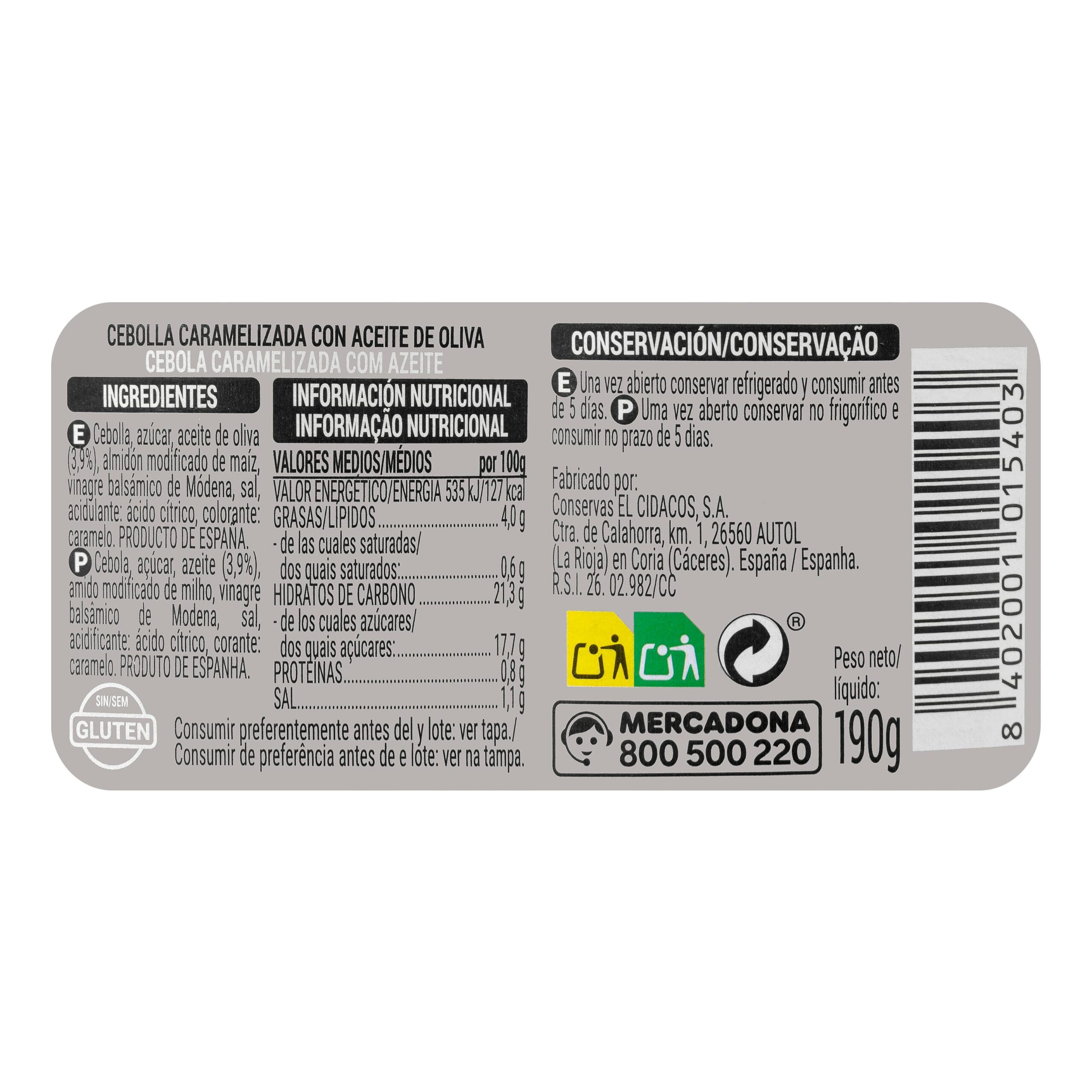 Etiqueta Cebolla caramelizada Hacendado con aceite de oliva