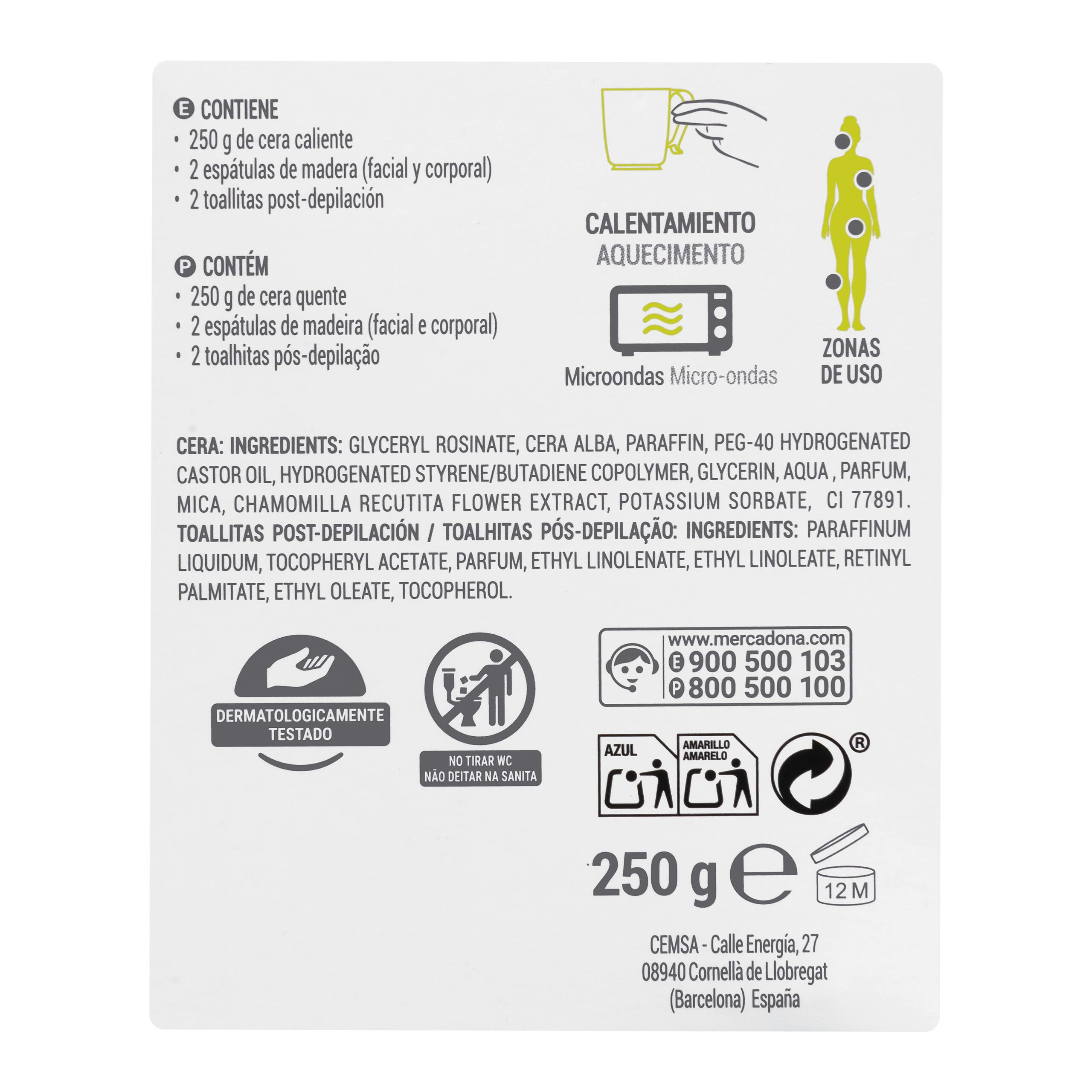 Etiqueta Cera caliente en tarro Deliplus piel sensible apto para microondas