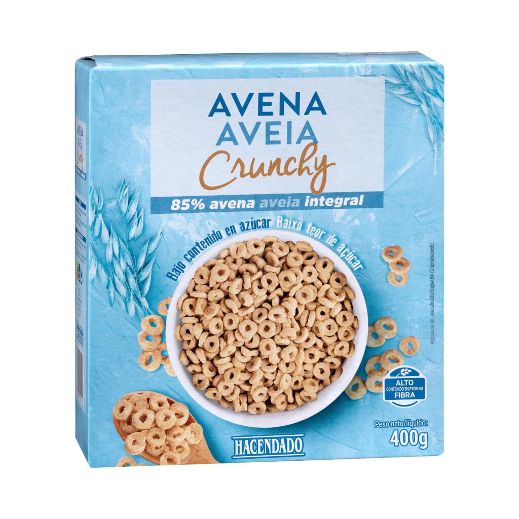 Cereales avena Crunchy Hacendado 85% avena integral y bajo contenido en azúcar