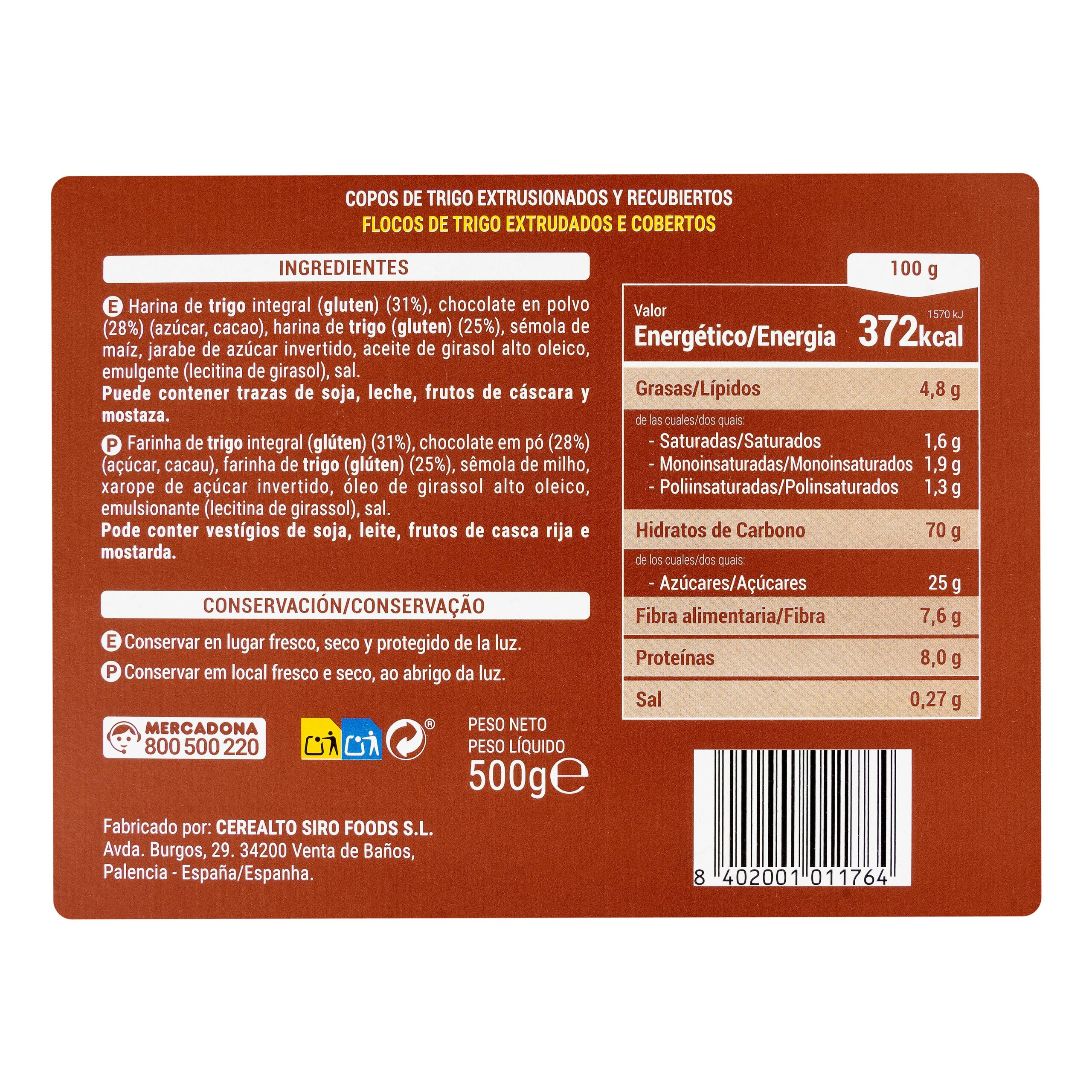 Etiqueta Cereales copos de trigo Chocodays Hacendado con chocolate