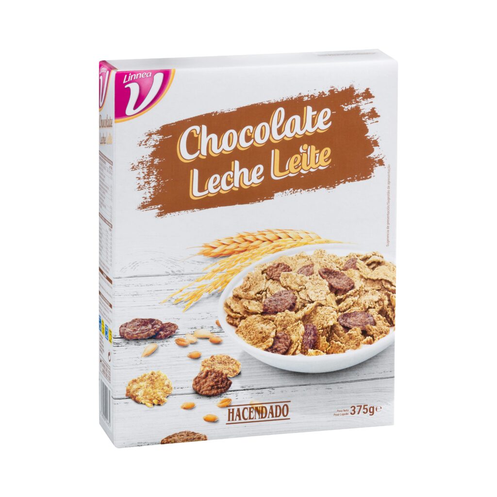 Cereales copos de trigo integral y arroz Hacendado bañados en chocolate con leche Linnea V