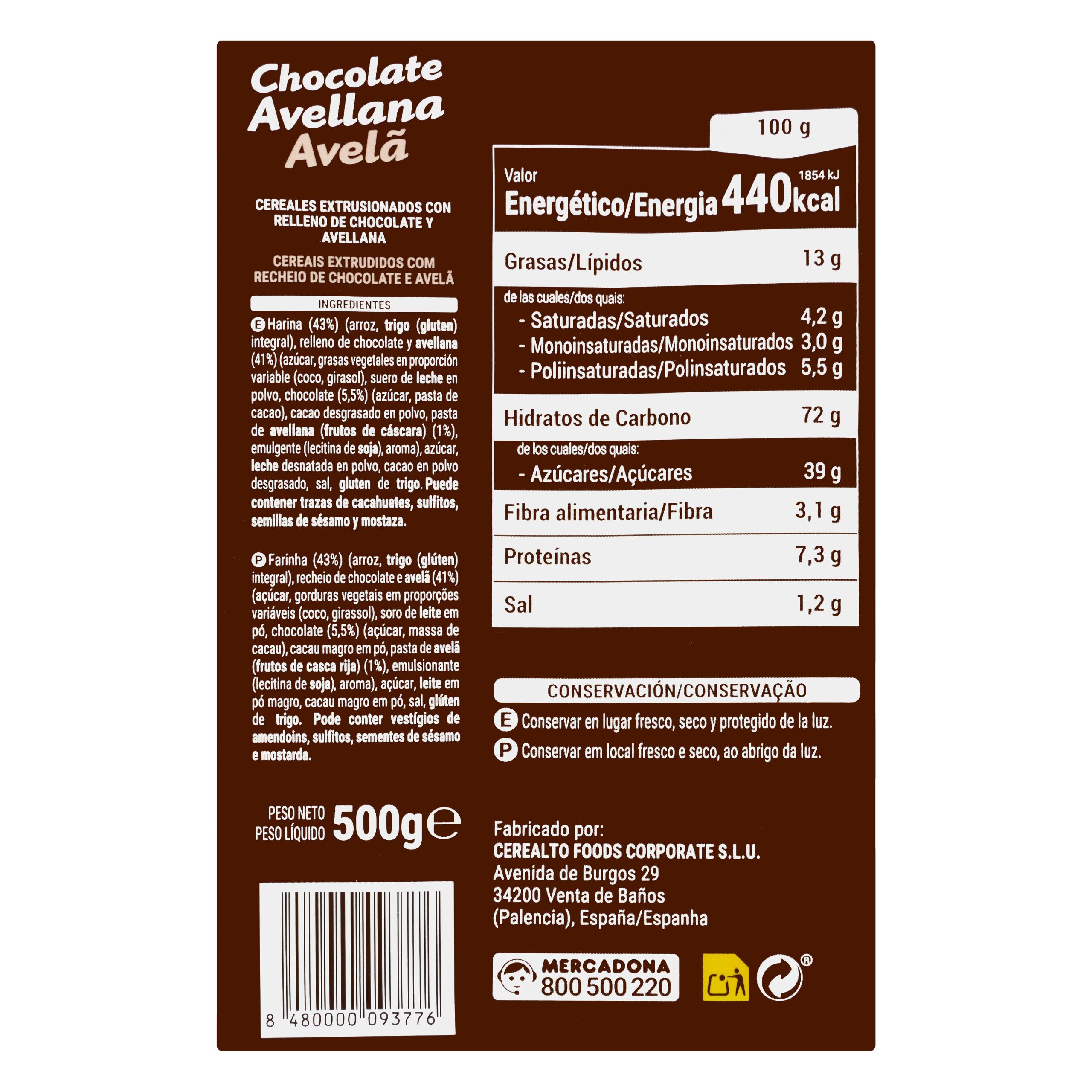 Etiqueta Cereales rellenos de chocolate y avellana Hacendado