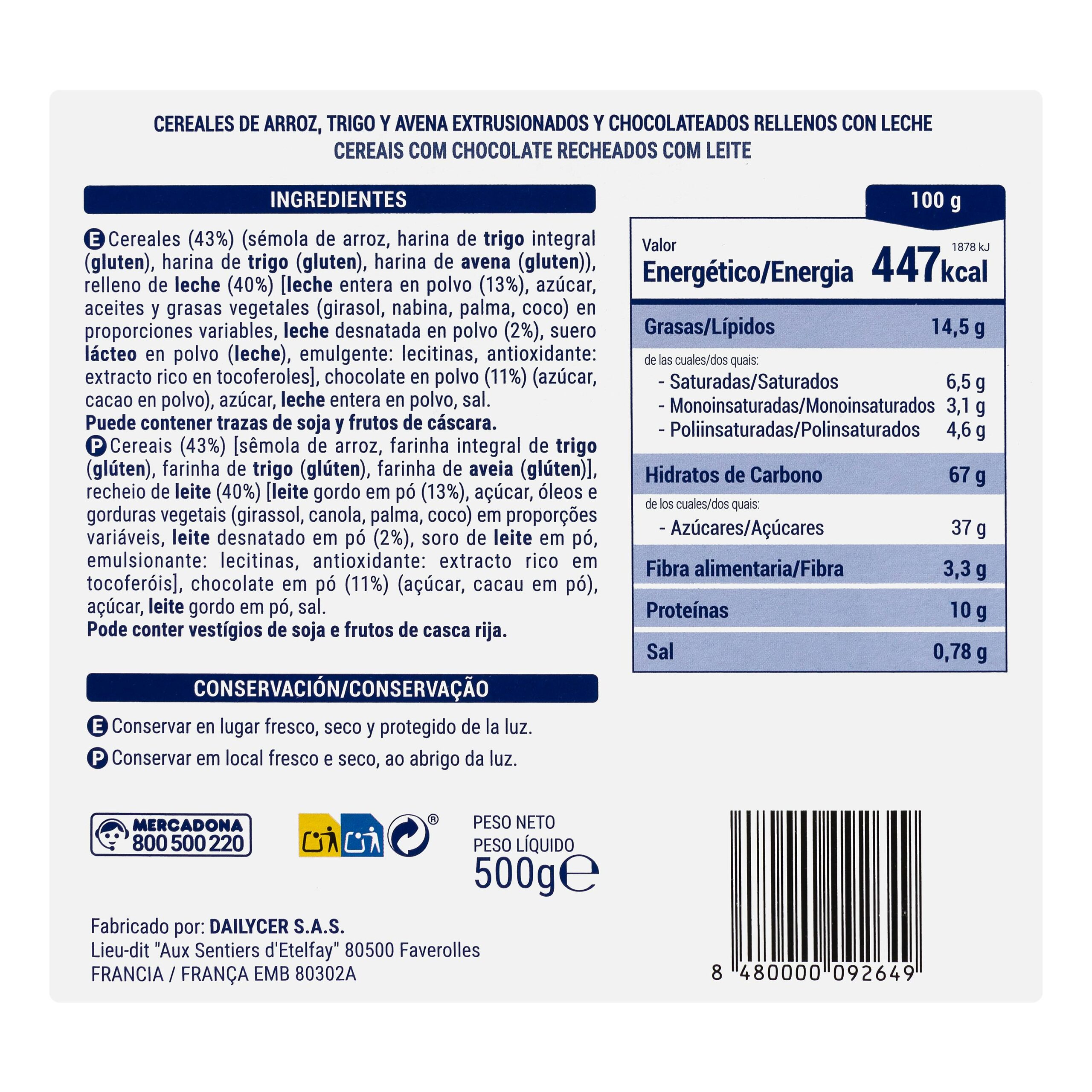 Etiqueta Cereales rellenos de leche Hacendado