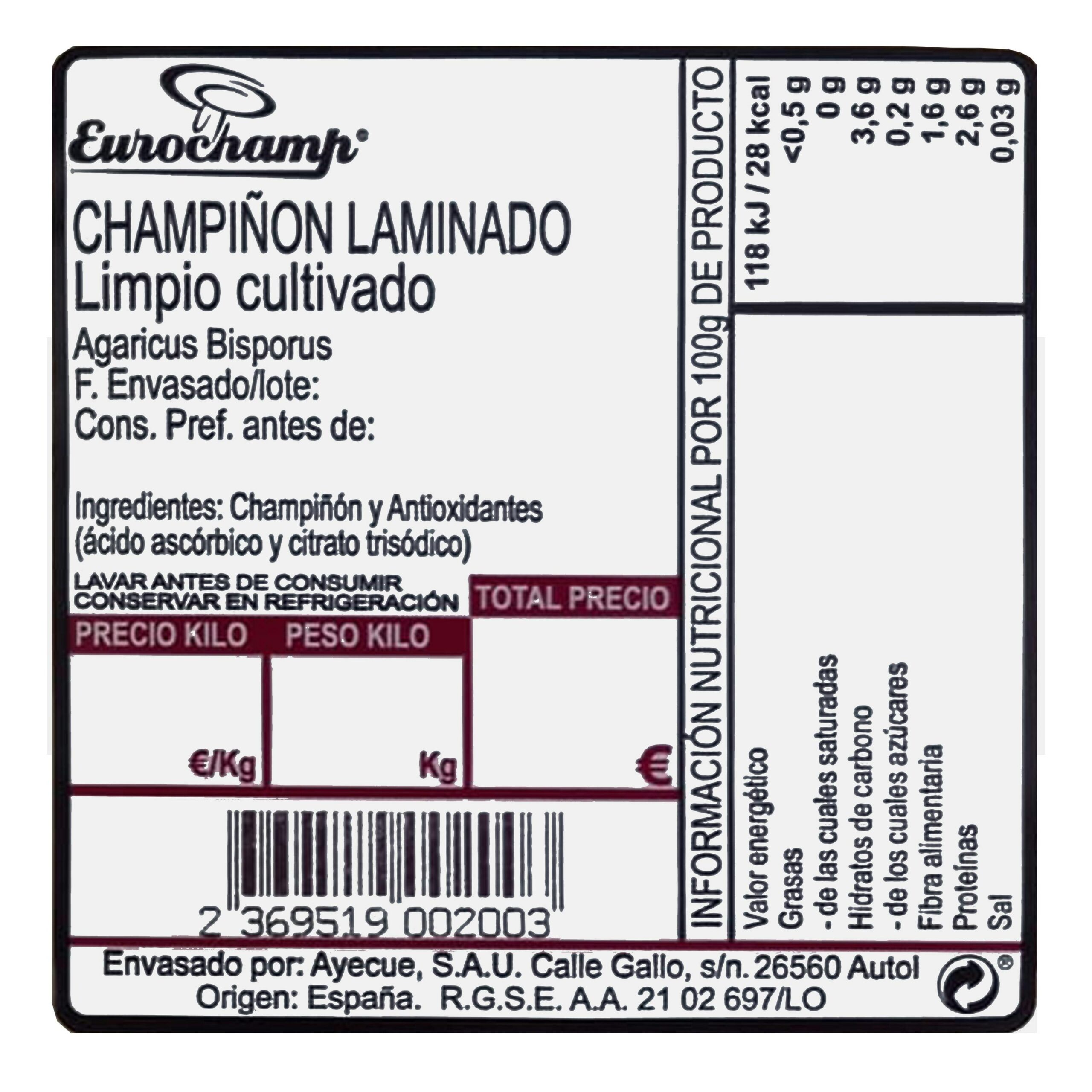 Etiqueta Champiñón laminado limpio