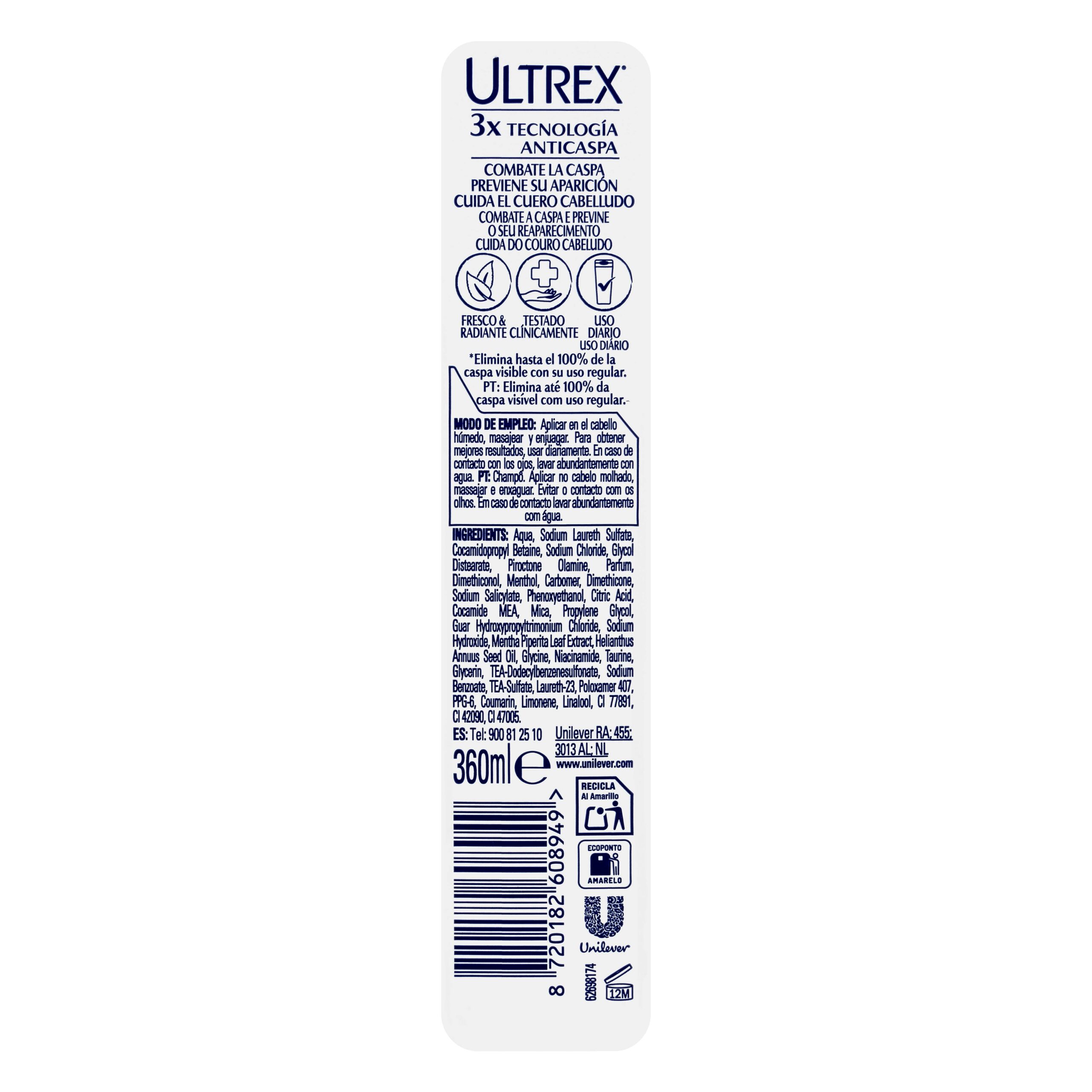 Etiqueta Champú anticaspa Menthol Ultrex todo tipo de cabello
