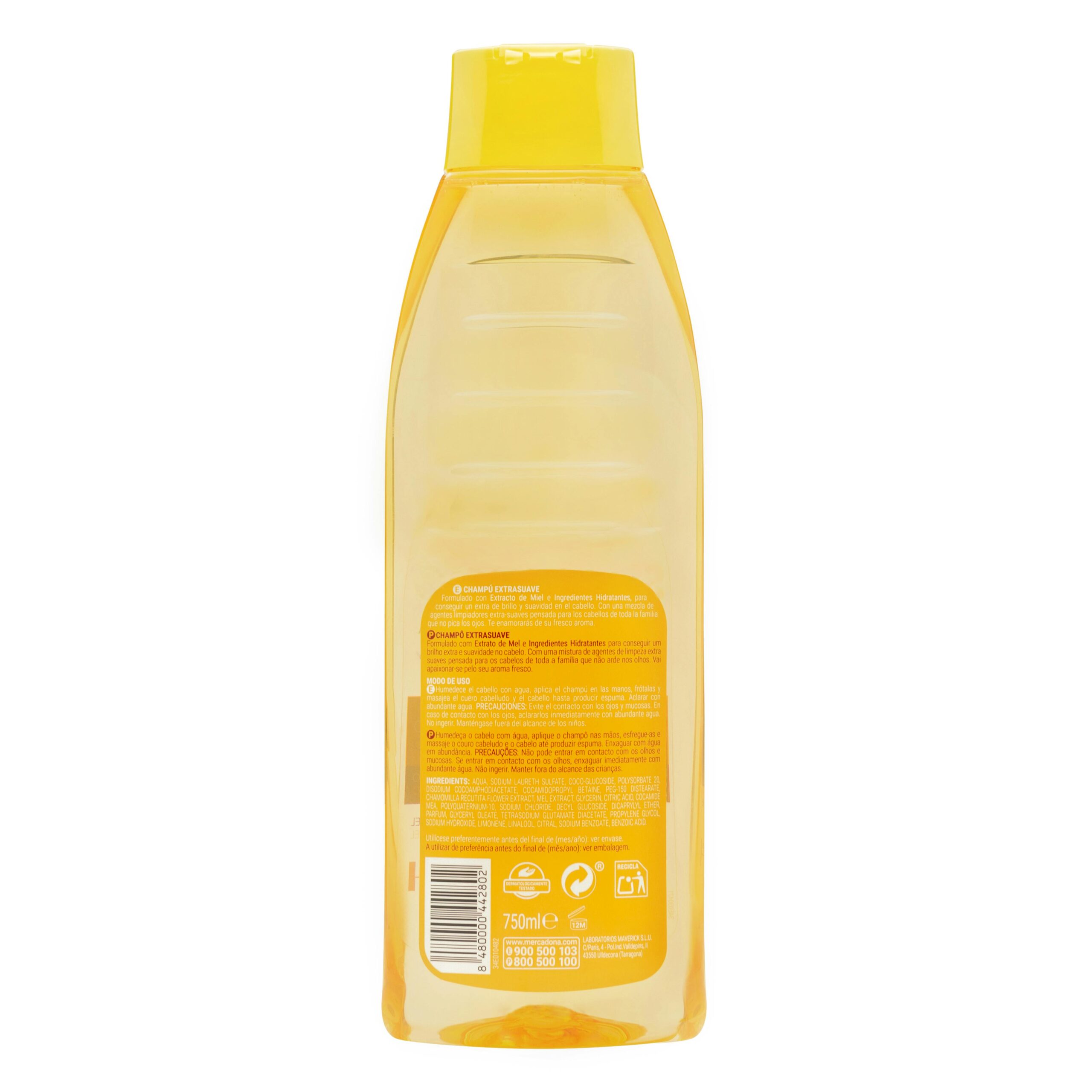 Etiqueta Champú Extra Suave Deliplus todo tipo de cabello con extracto de miel