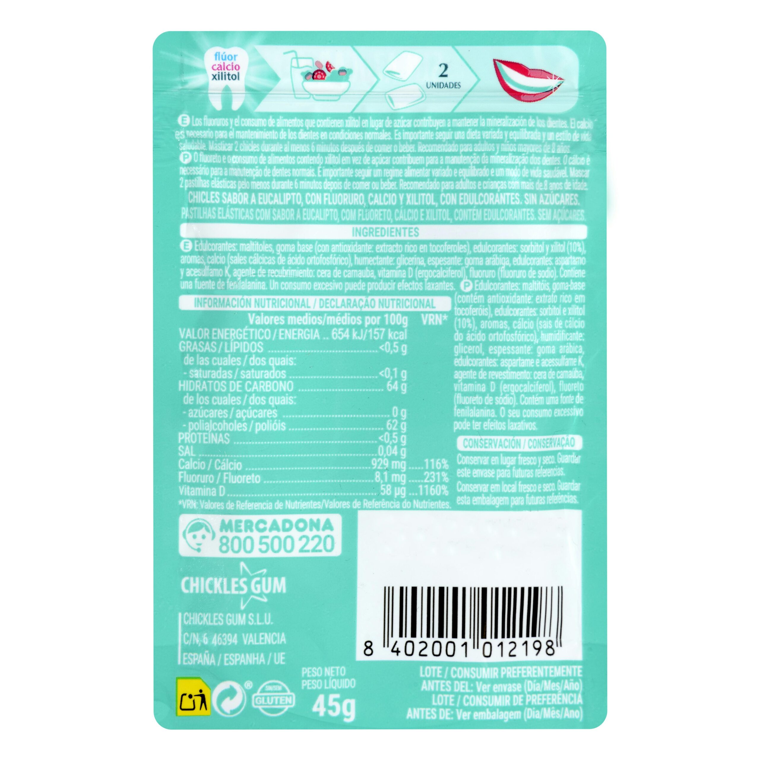 Etiqueta Chicles eucalipto gragea Hacendado