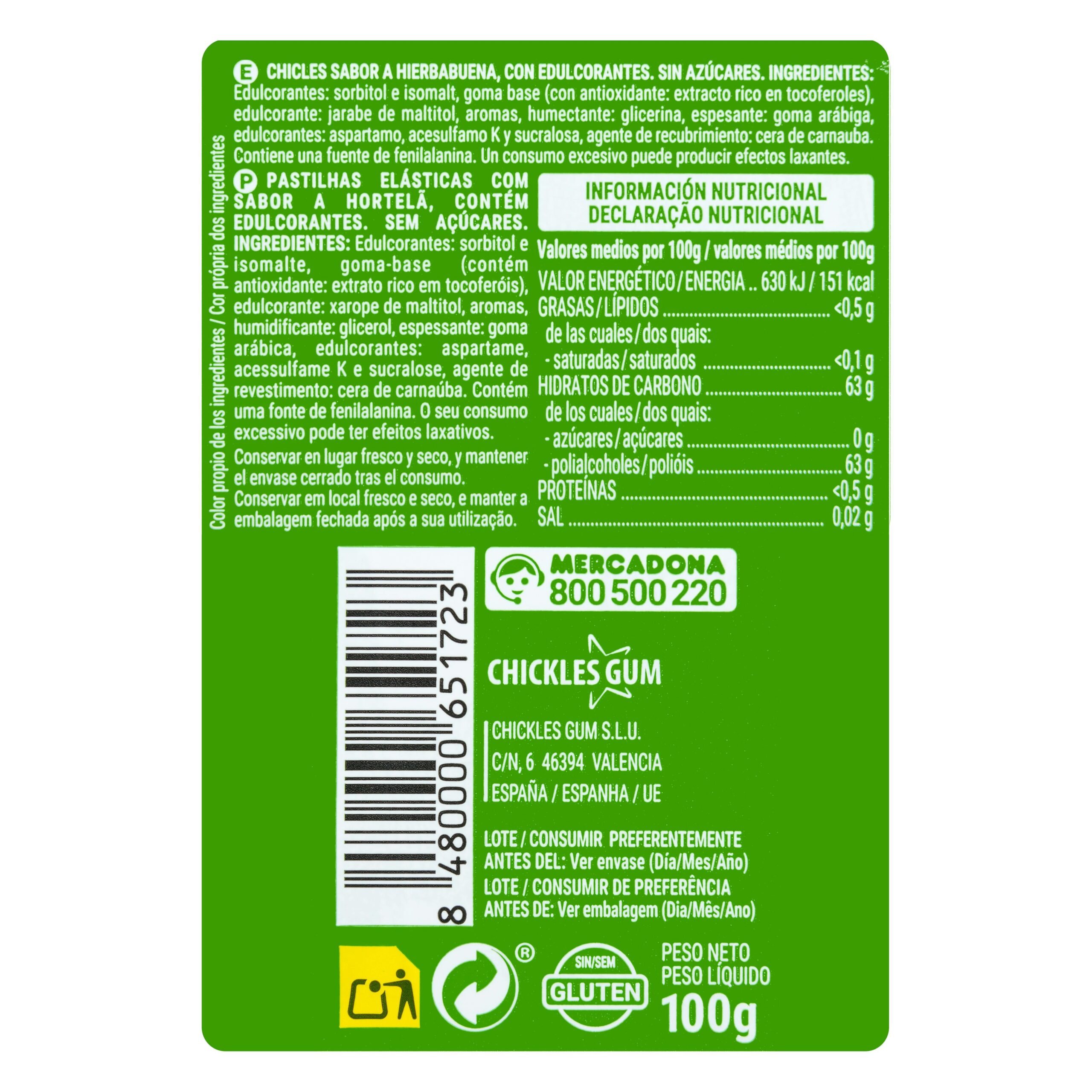 Etiqueta Chicles hierbabuena gragea Hacendado