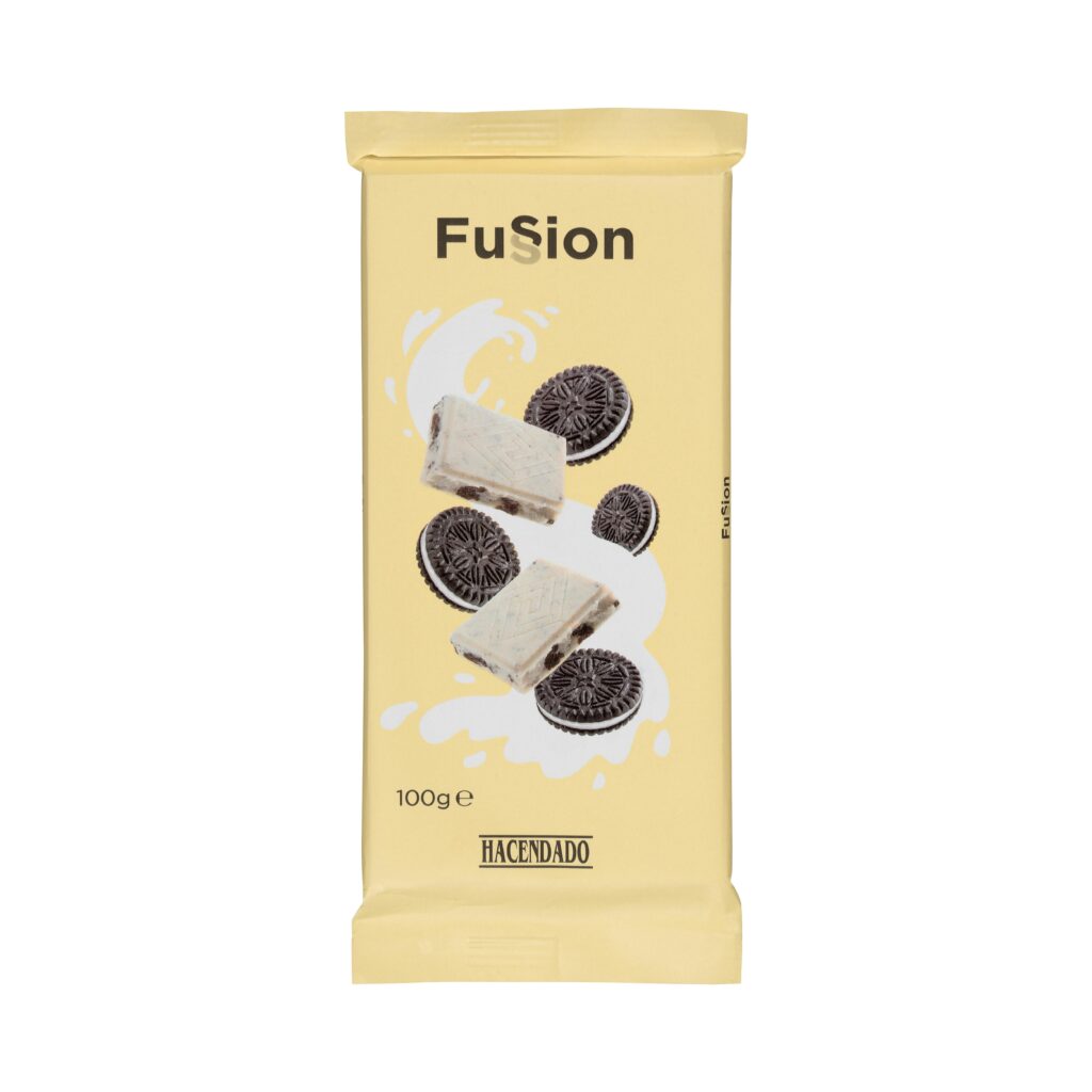 Chocolate blanco Fussion Hacendado galletas al cacao