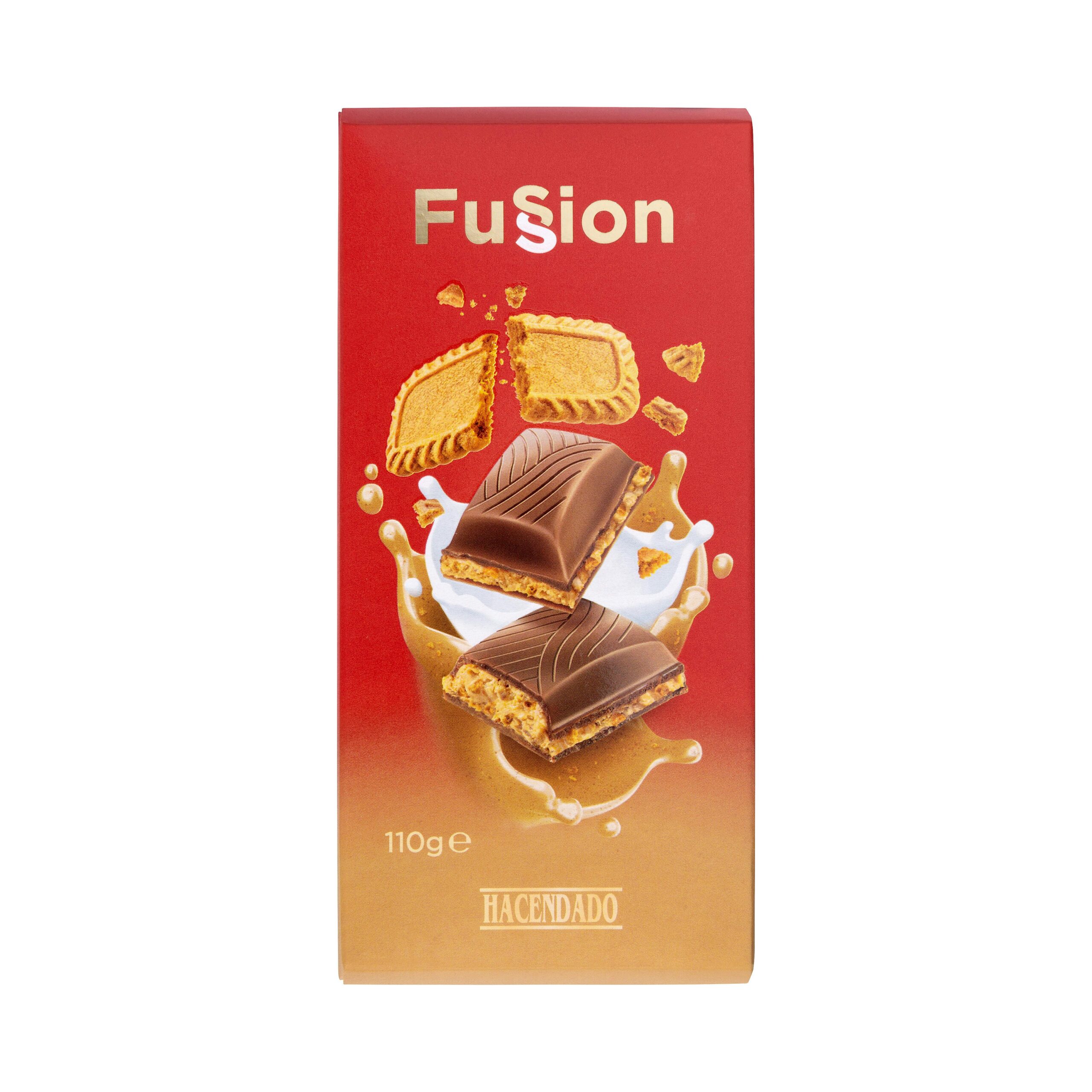Chocolate con leche Fussion Hacendado relleno de galleta caramelizada Mercadona