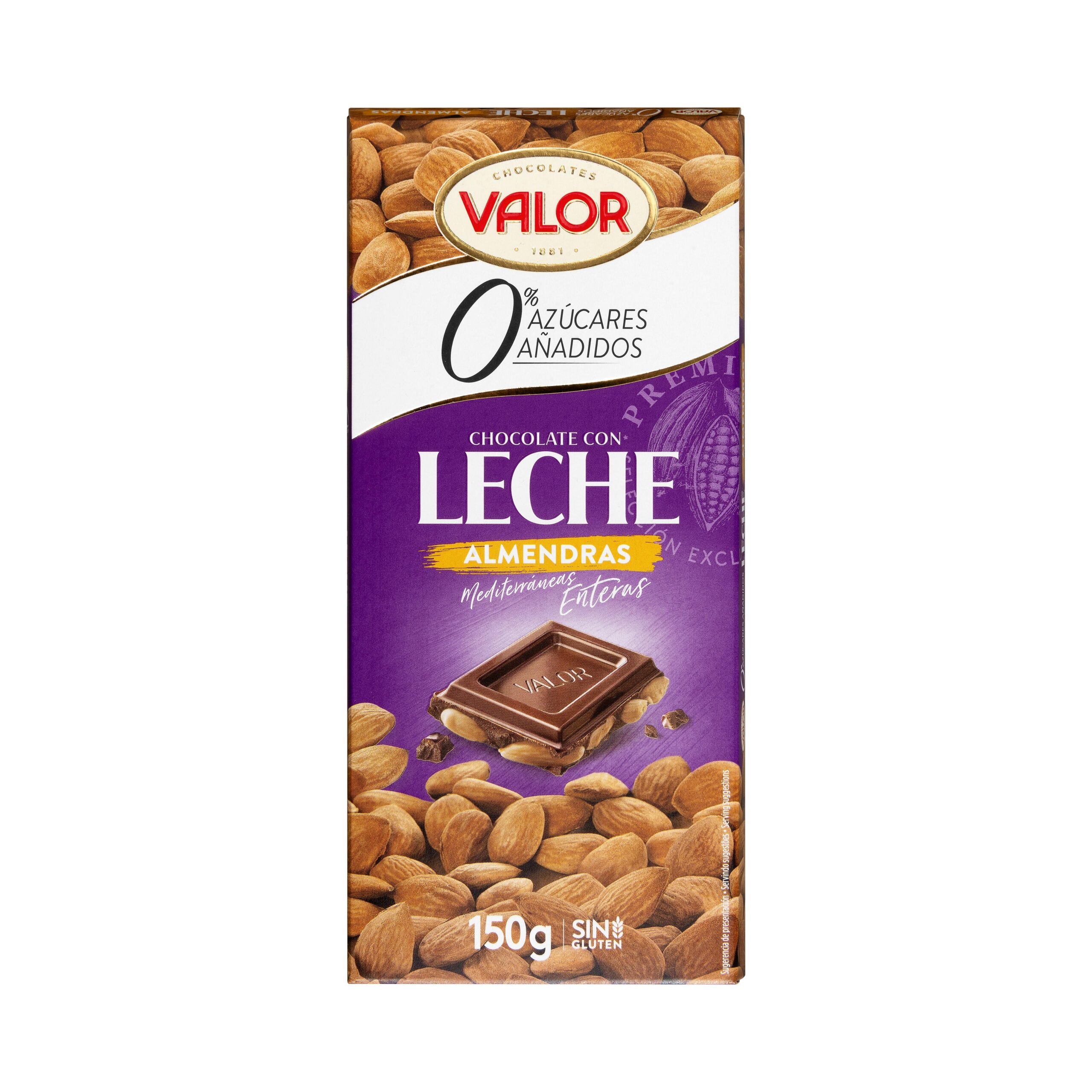 Chocolate con leche Valor almendras enteras 0% azúcares añadidos Mercadona