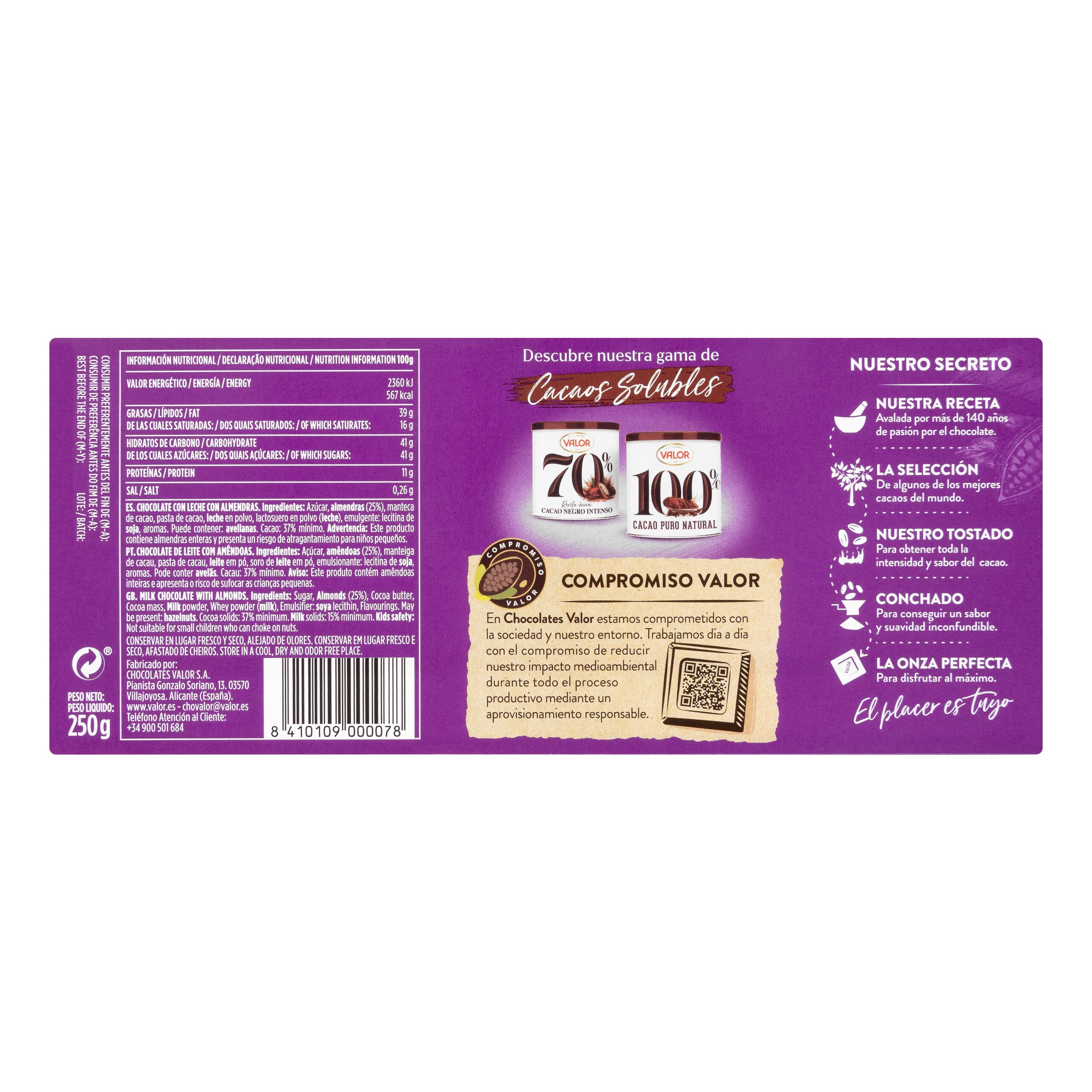 Etiqueta Chocolate con leche Valor almendras enteras