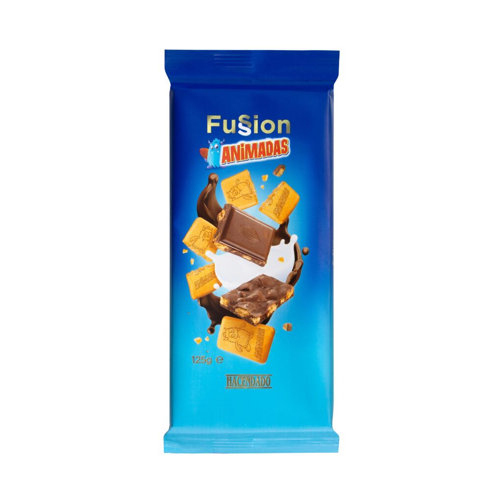 Chocolate extrafino con leche Fussion Hacendado con galletas animadas