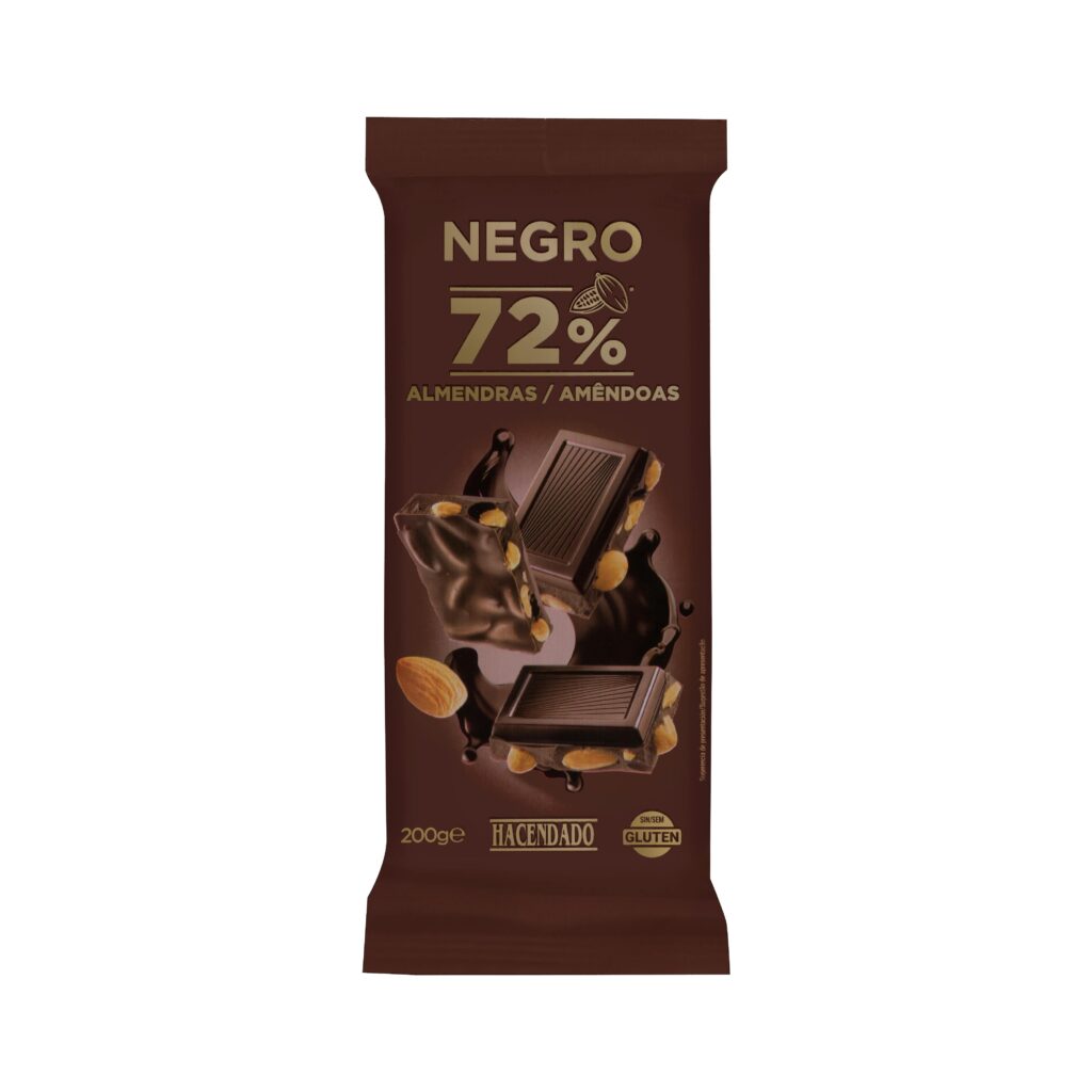 Chocolate negro 72% de cacao Hacendado con almendras enteras