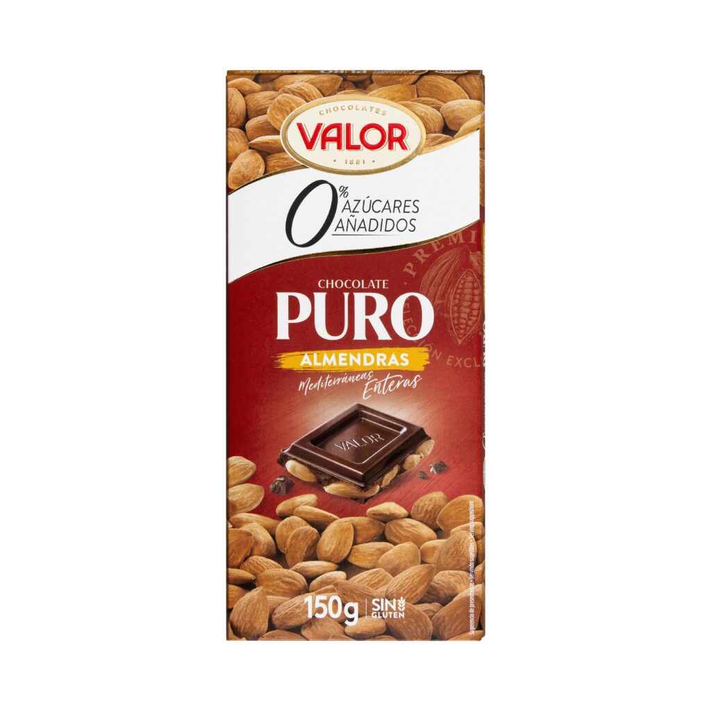 Chocolate puro Valor con almendras enteras 0% azúcares añadidos