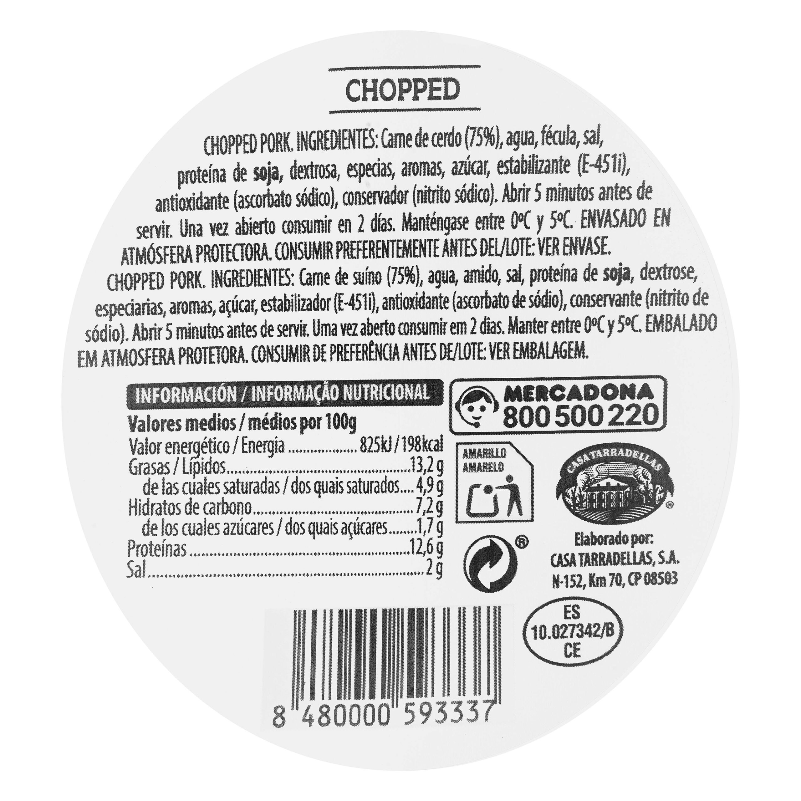 Etiqueta Chopped cerdo Hacendado lonchas