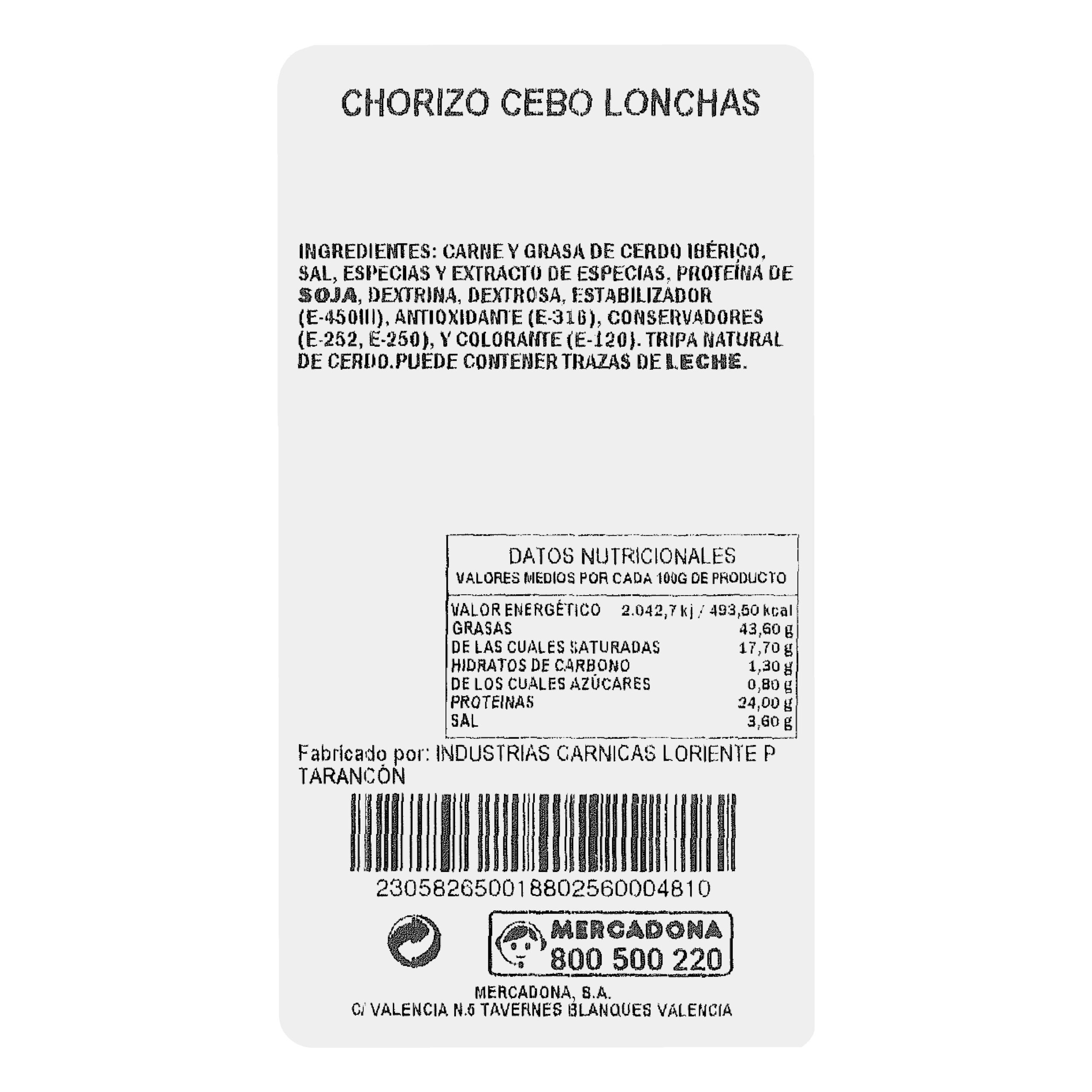 Etiqueta Chorizo de cebo ibérico cortado a máquina envasado al vacío